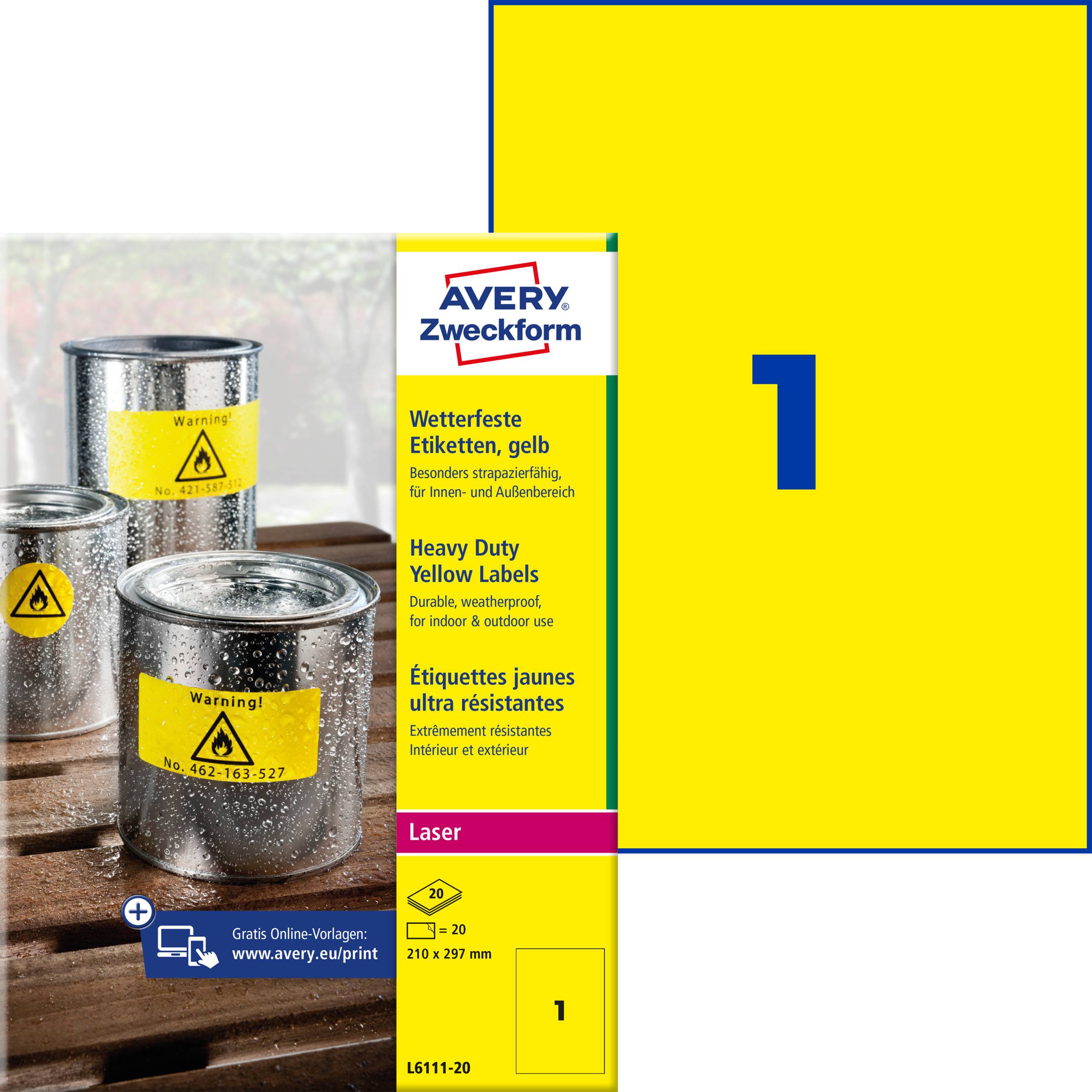 Avery Zweckform gelbe robuste Laserklebeetiketten Paket, Größe 210 x 297 mm, mit großem Musterbogen mit Beschriftung „1" und Foto von Warnkennzeichnungen auf Metallbehältern.