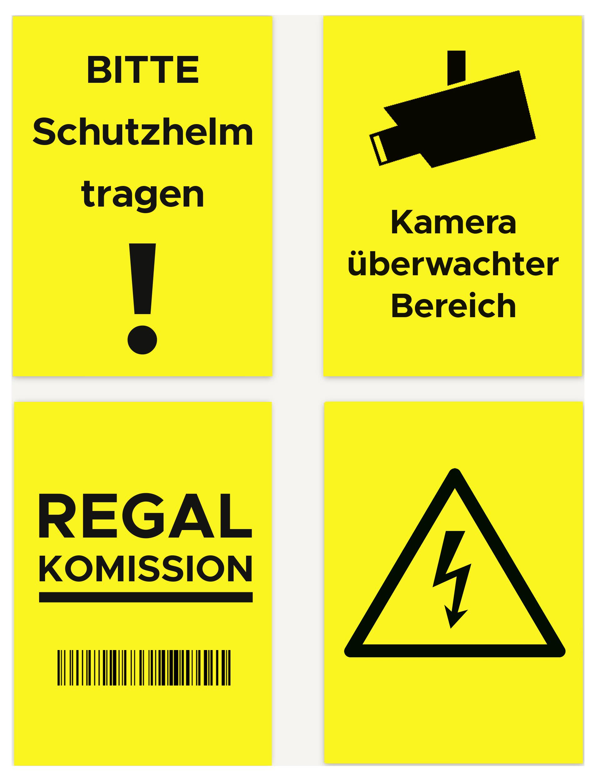 Gelbe Warnschilder: Helm tragen, kameraüberwachter Bereich, Regal-Kommission, Stromschlaggefahr