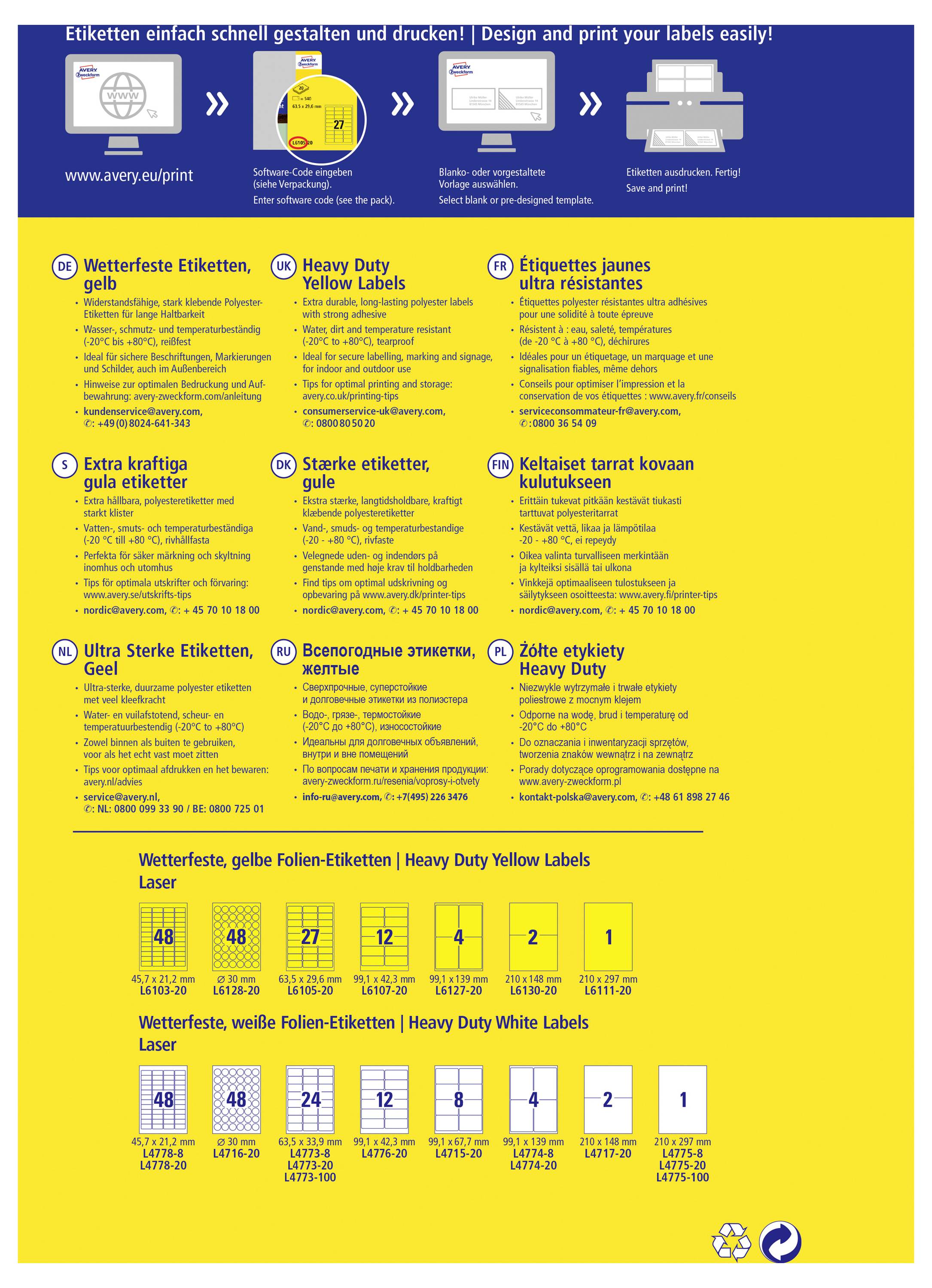 Plakat zur Bewerbung von benutzerdefinierten gedruckten Etiketten mit einem 4-Schritte-Druckverfahren und einer mehrsprachigen Liste haltbarer gelber und weißer Etikettentypen mit Größenrastern am unteren Rand.