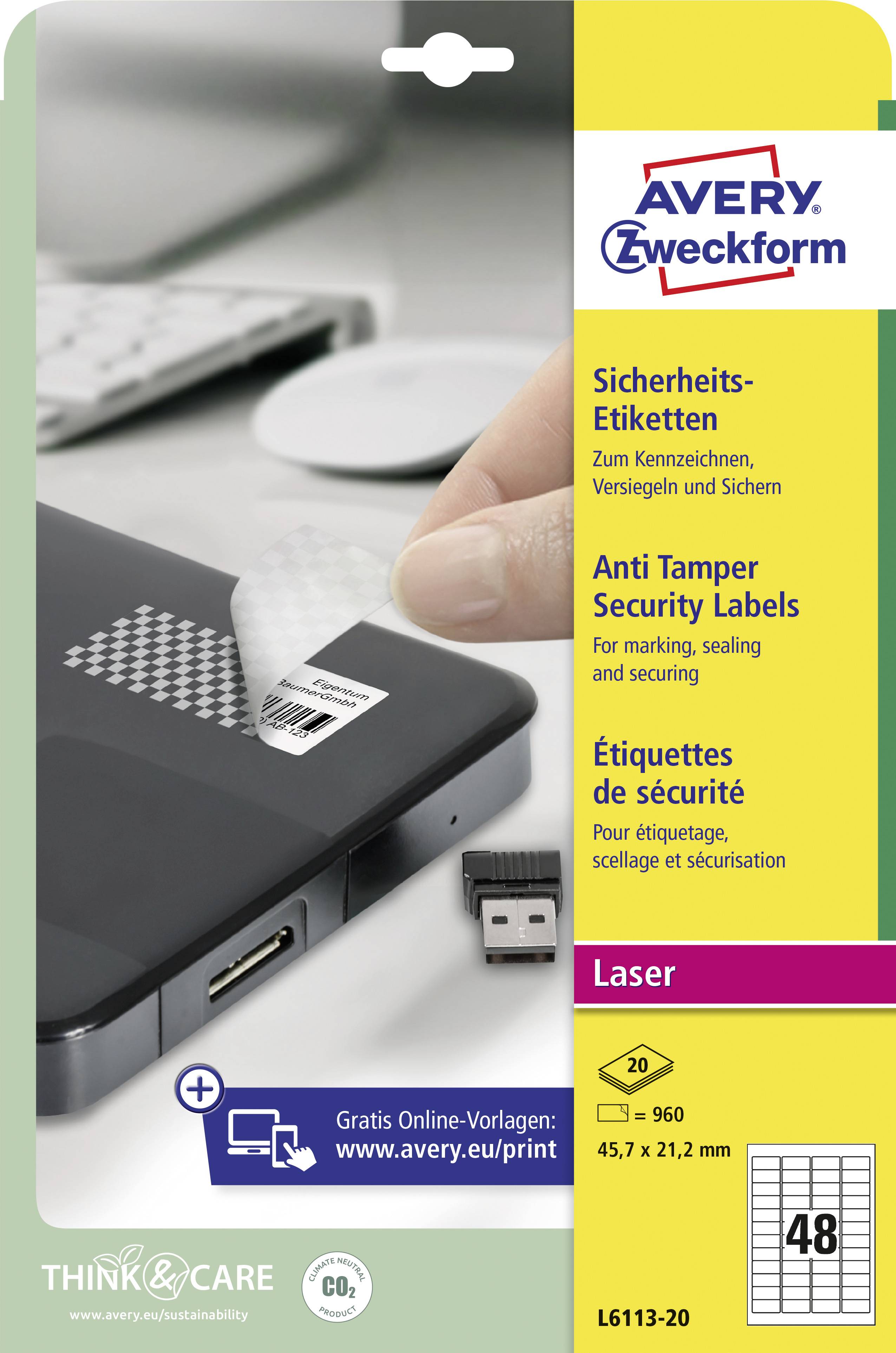Avery-Zweckform L6113-20 Sicherheits-Etiketten 45.7 x 21.2mm Polyester-Folie Weiß 960 St. Permanent haftend Laserdrucker
