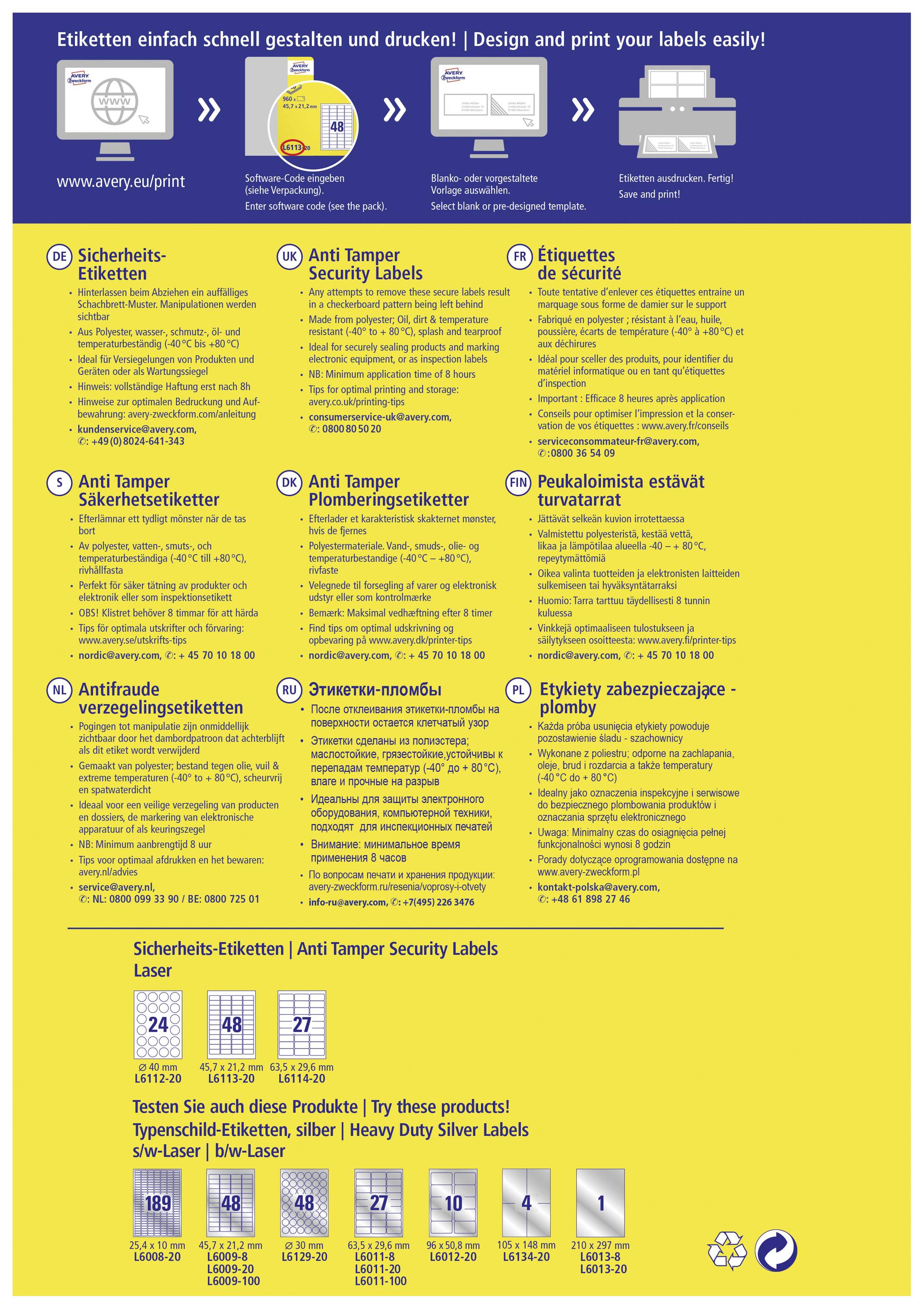 Avery-Zweckform L6114-20 Sicherheits-Etiketten 63.5 x 29.6mm Polyester-Folie Weiß 480 St. Permanent haftend Laserdrucker