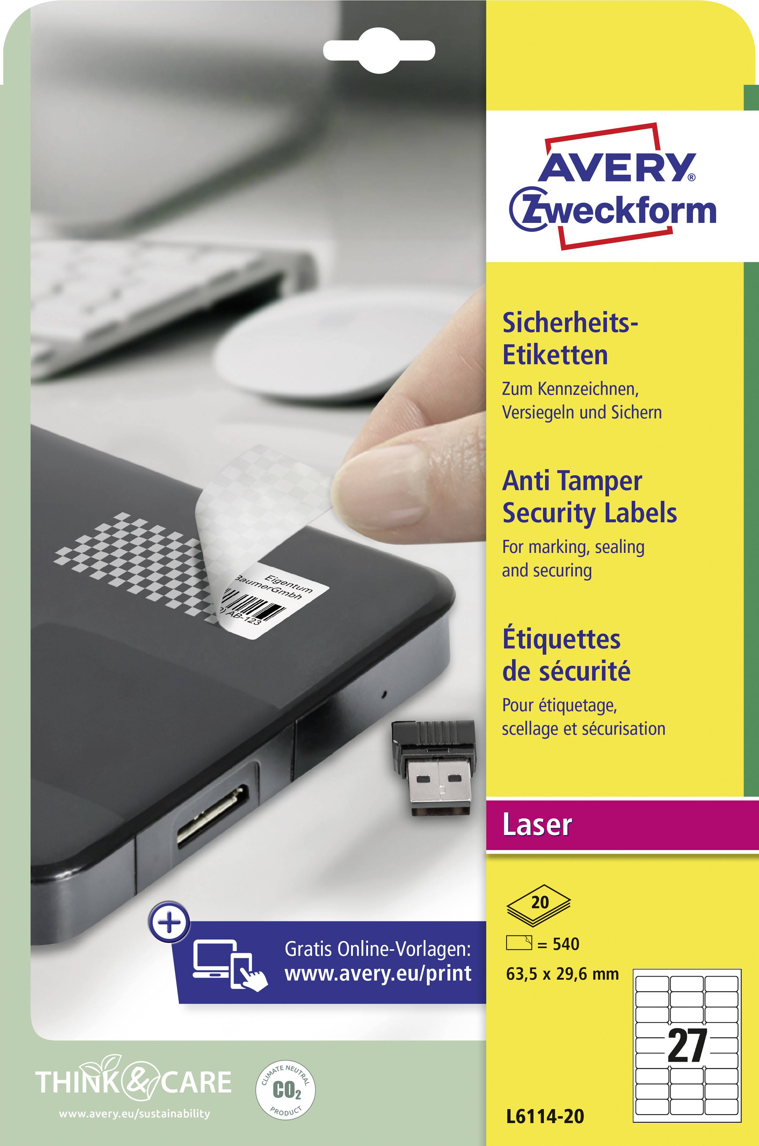 Avery-Zweckform L6114-20 Sicherheits-Etiketten 63.5 x 29.6mm Polyester-Folie Weiß 480 St. Permanent haftend Laserdrucker