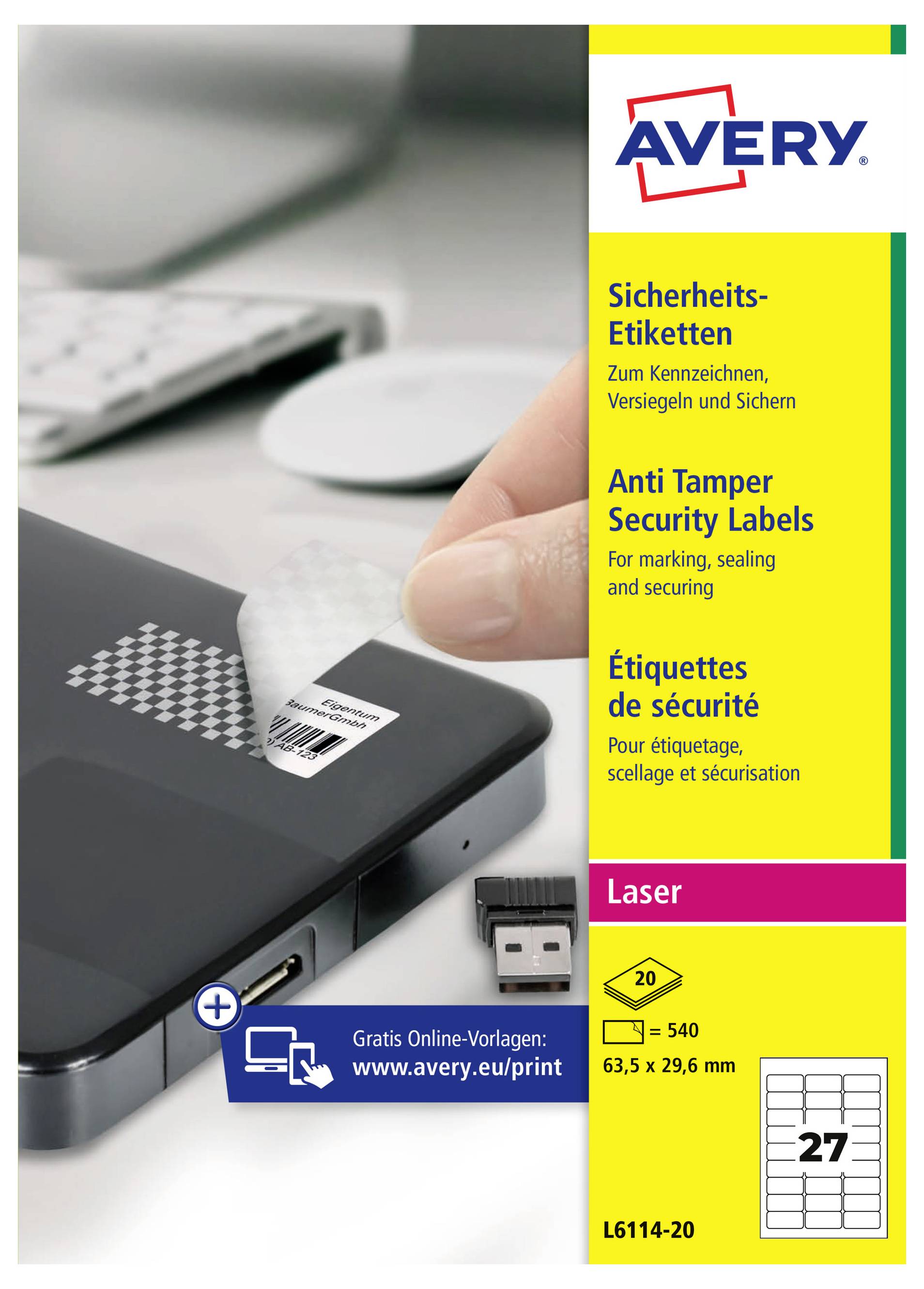 Avery-Sicherheitsetikett-Verpackung, auf der eine Hand ein manipulationssicheres Etikett auf einem schwarzen Gerät anbringt; der Text sagt „Anti-Tamper-Sicherheitsetiketten