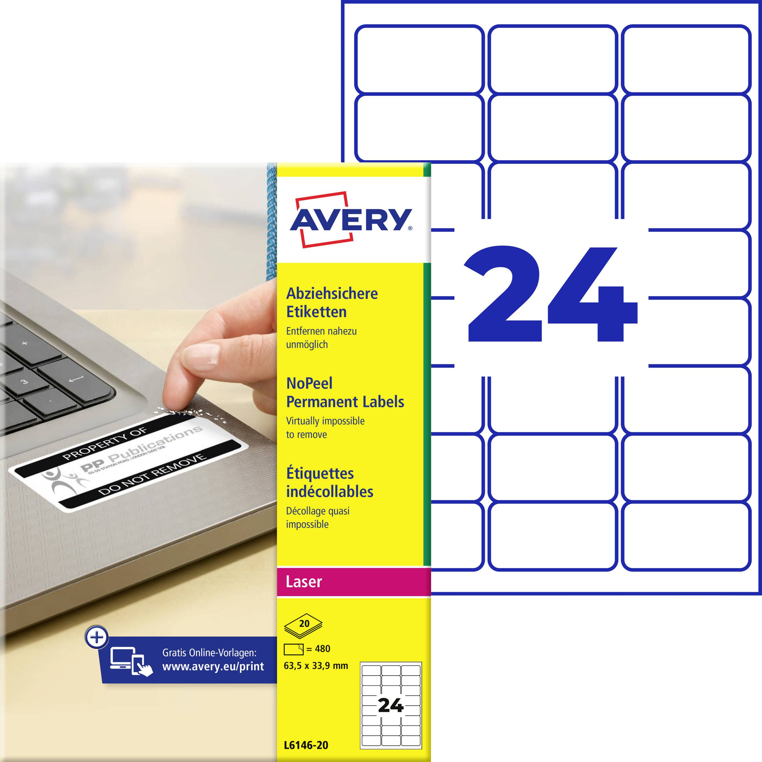 Avery Permanentlaser-Etikettenbogen mit 24 Etiketten, neben einem Laptop abgebildet, mit einem Finger, der auf einen "NICHT ENTFERNEN"-Aufkleber zeigt.