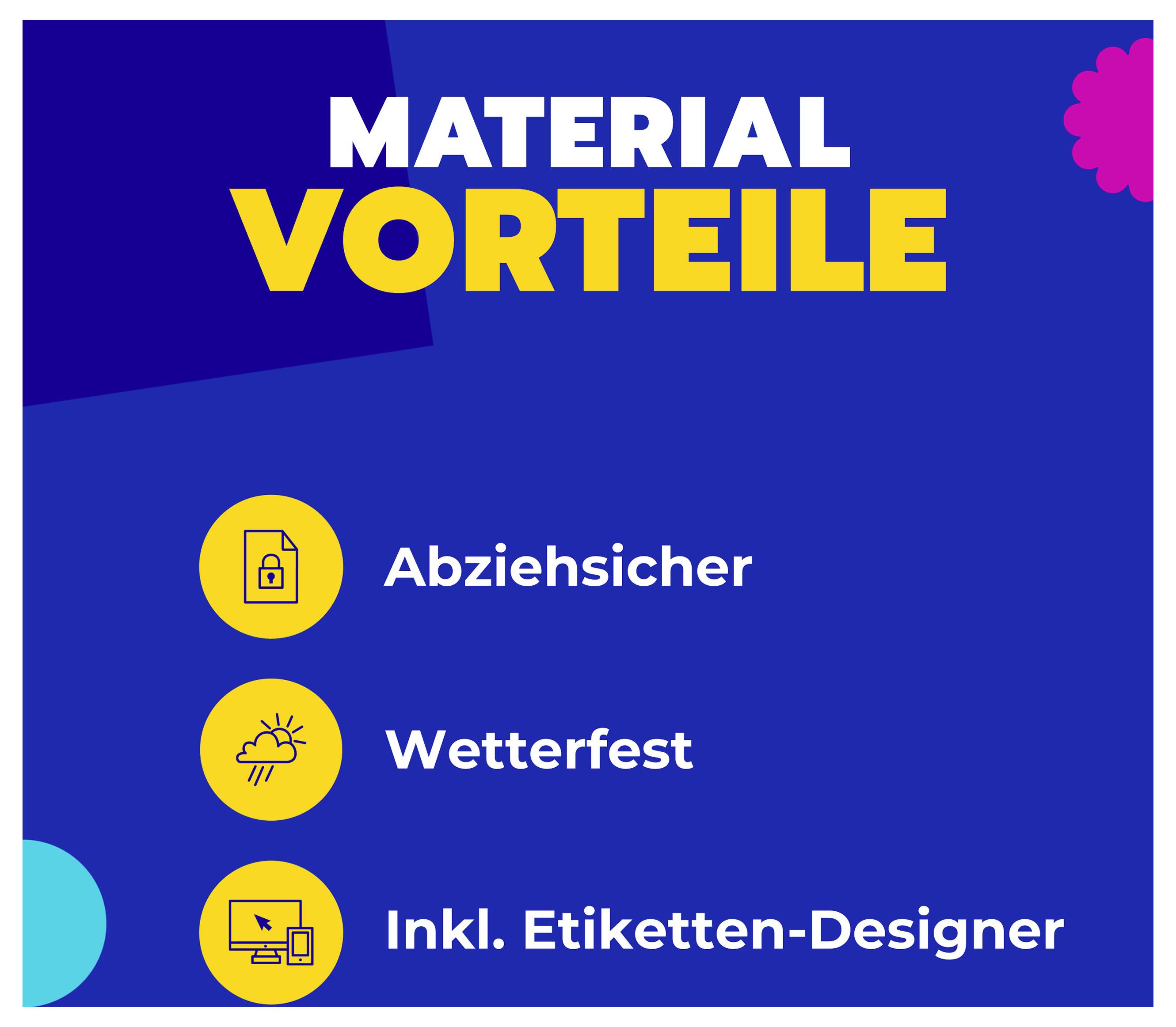 Infografik 'MATERIAL VORTEILE' mit drei Punkten: Abziehsicher, wetterfest und inkl. Etiketten-Designer.