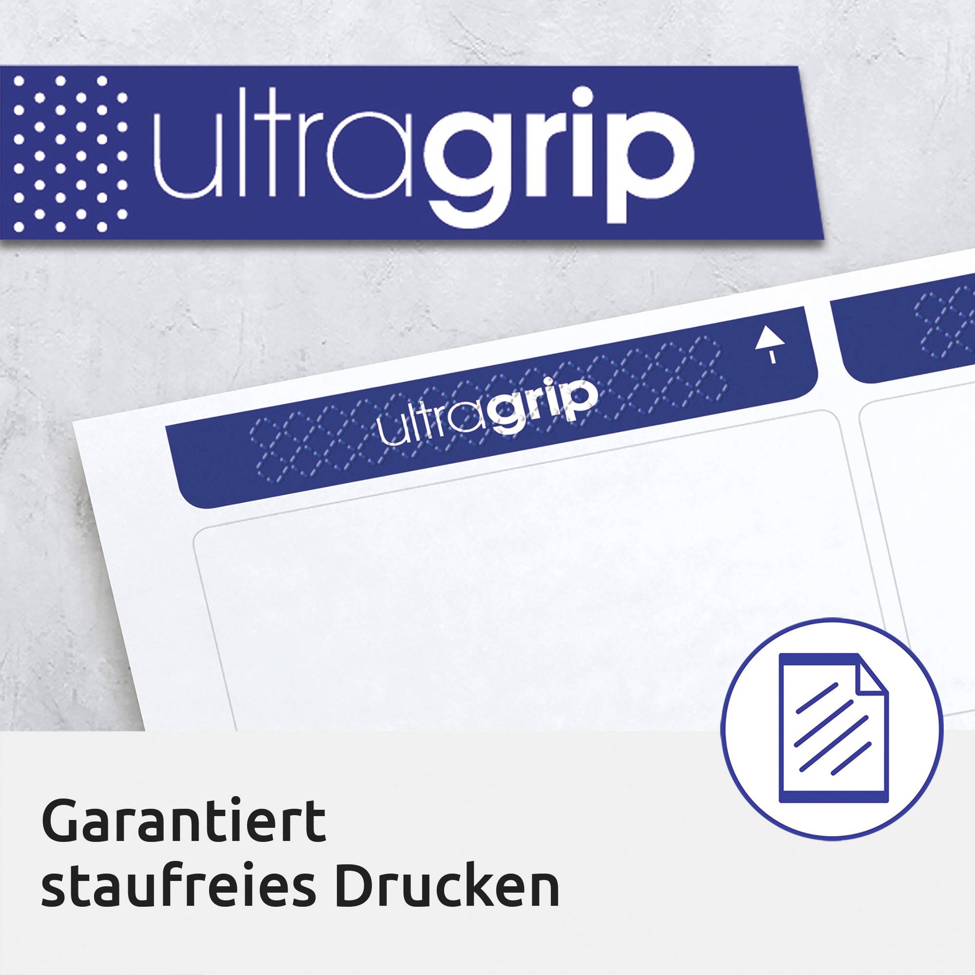 'Ultragrip' blau-weiße Verpackung. Abbildung eines Dokumentsymbols. Text: 'Garantiert staufreies Drucken'.