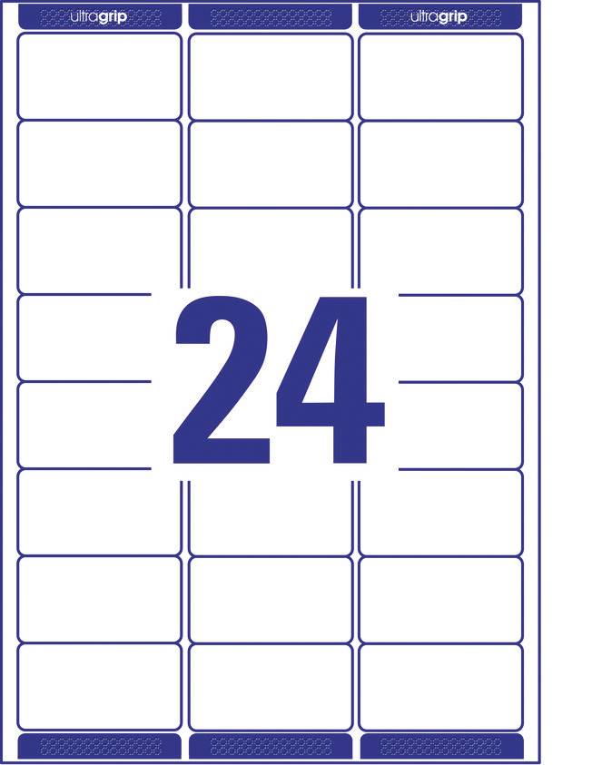 Etikettenbogen mit 24 rechteckigen, weißen Etiketten, umrandet durch blaue Linien. Jede Etikett-Reihe ist horizontal angeordnet.