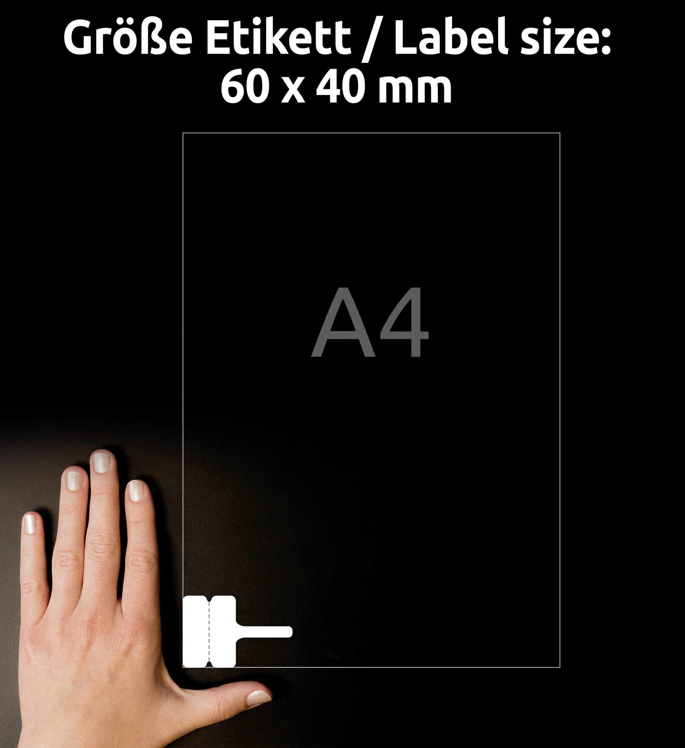 'Größe Etikett / Label size: 60 x 40 mm' steht über einer Hand, die die Größe auf einem A4-Blatt demonstriert.