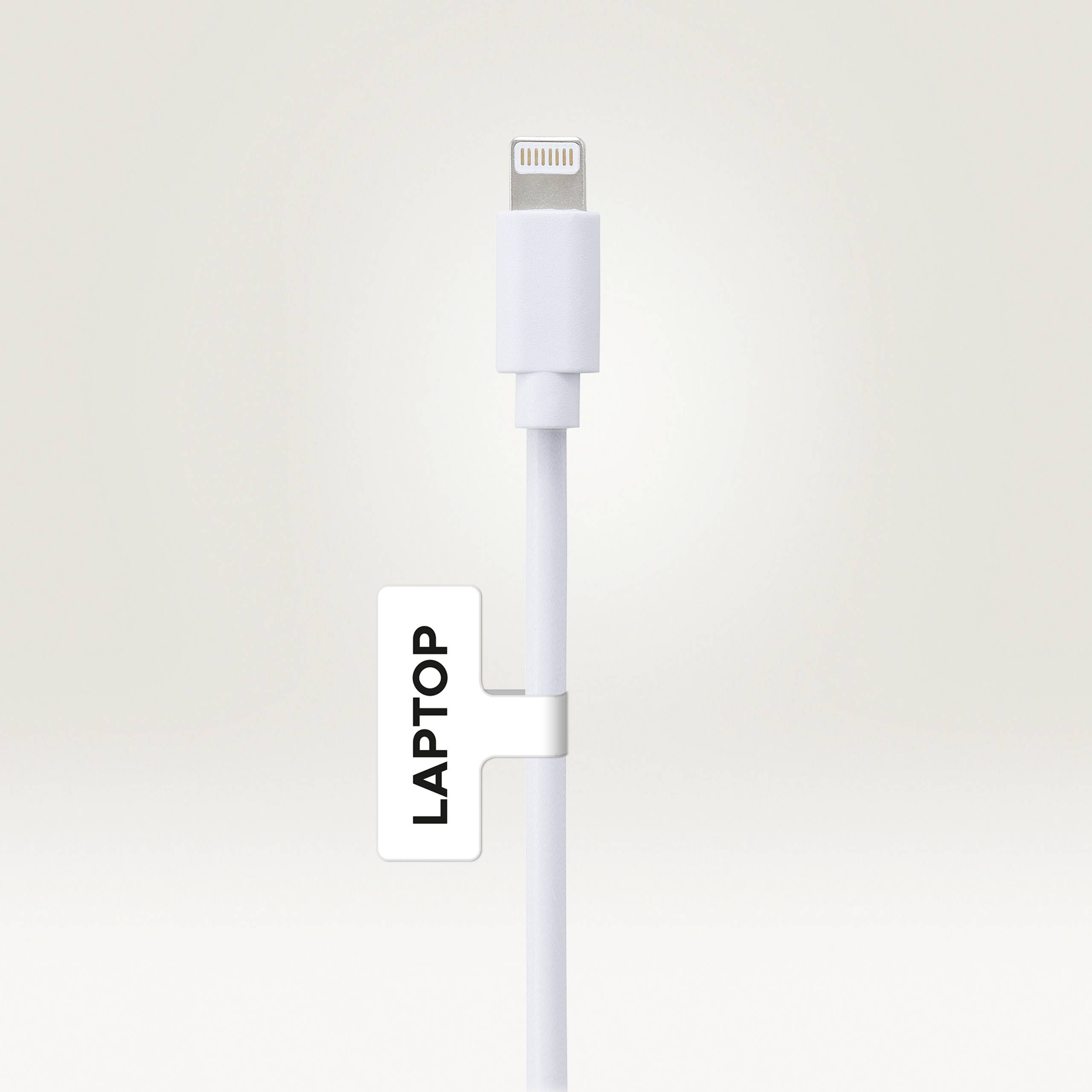 Weißes Kabel mit einem Etikett, auf dem 'LAPTOP' steht.