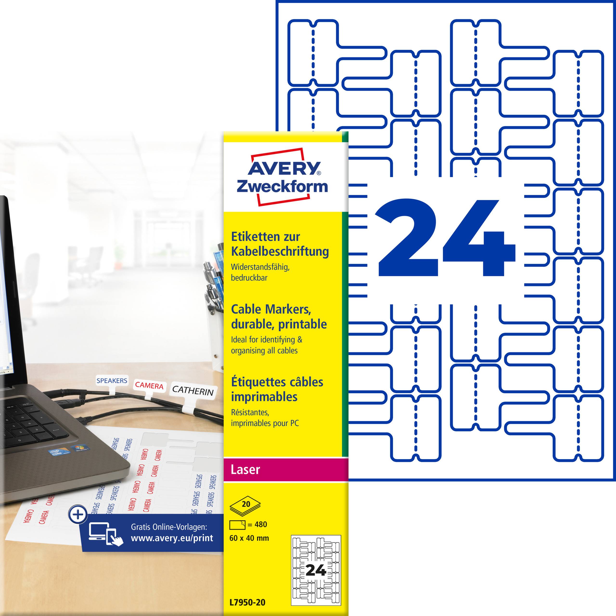 Avery Zweckform Packung mit 24 bedruckbaren Kabelmarkierungen, gezeigt mit einem Laptop und beschrifteten Kabeln in einem Arbeitsbereich auf dem Schreibtisch.