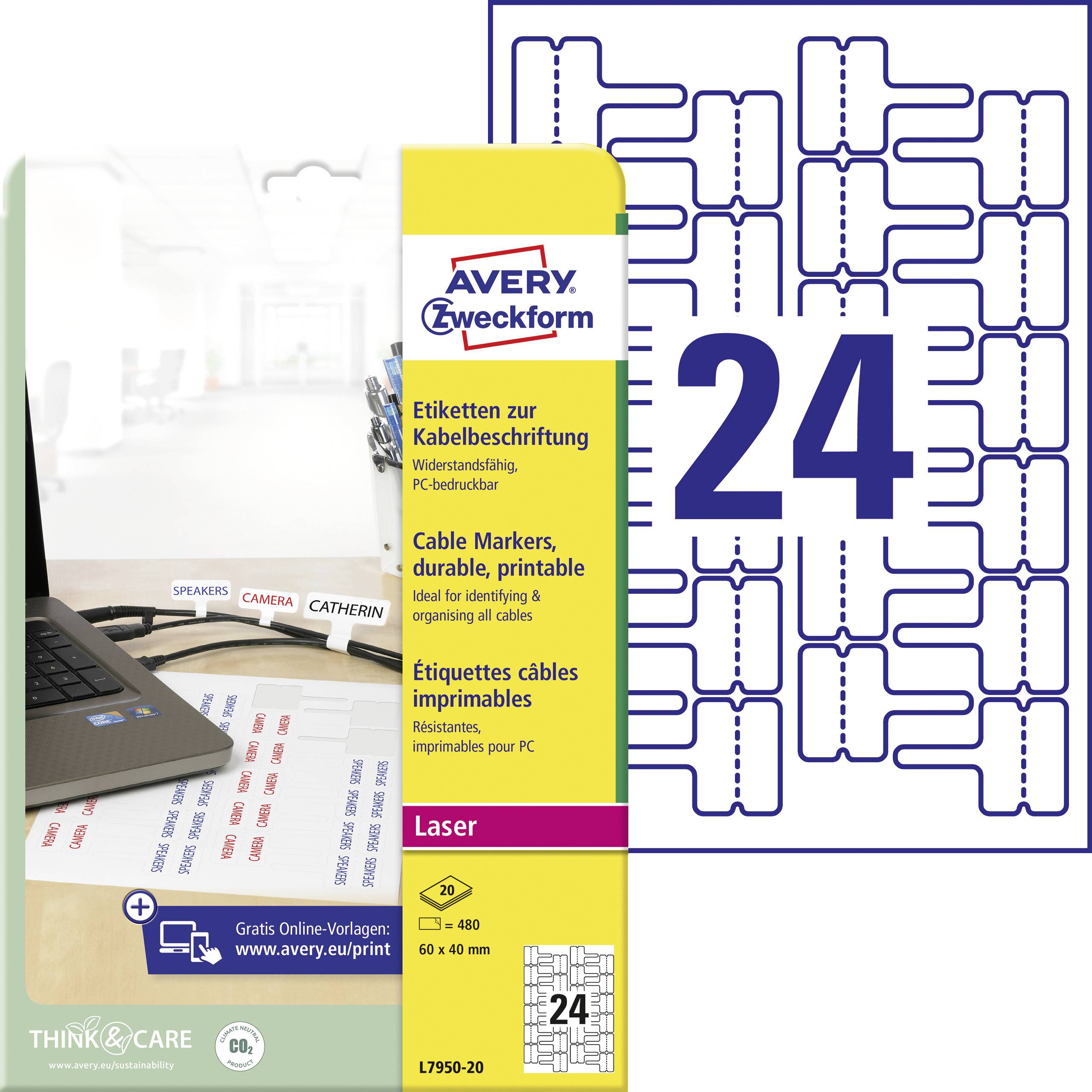 Avery-Zweckform L7950-20 Kabel-Etiketten 60 x 40mm Polyester-Folie Weiß 480 St. Permanent haftend Laserdrucker, Handbeschriftung