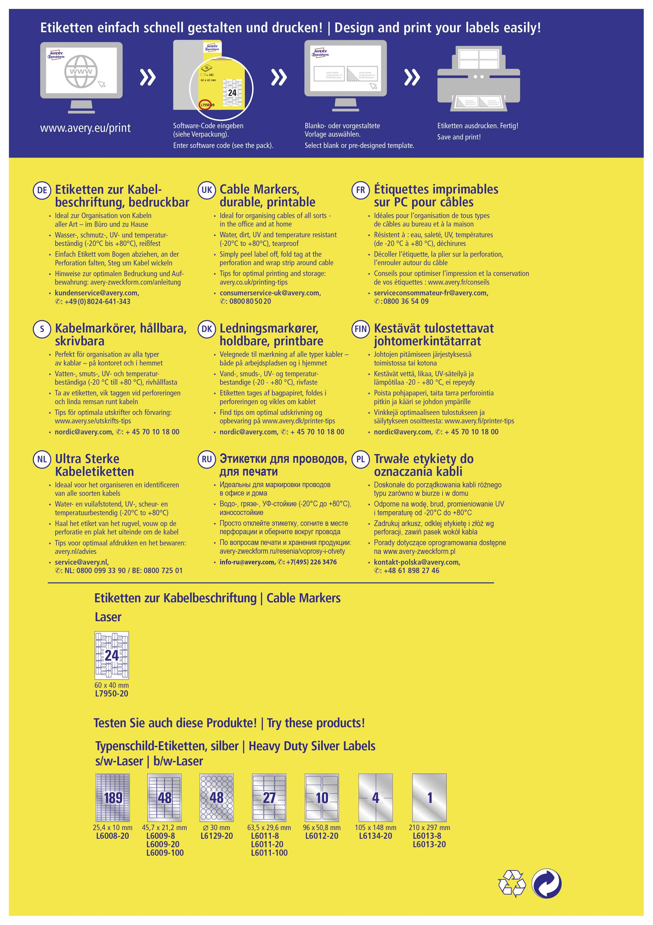 'Design und Druck von Etiketten leicht gemacht' mit Produktinformationen über Etiketten und Kabelmarkierungen in mehreren Sprachen.