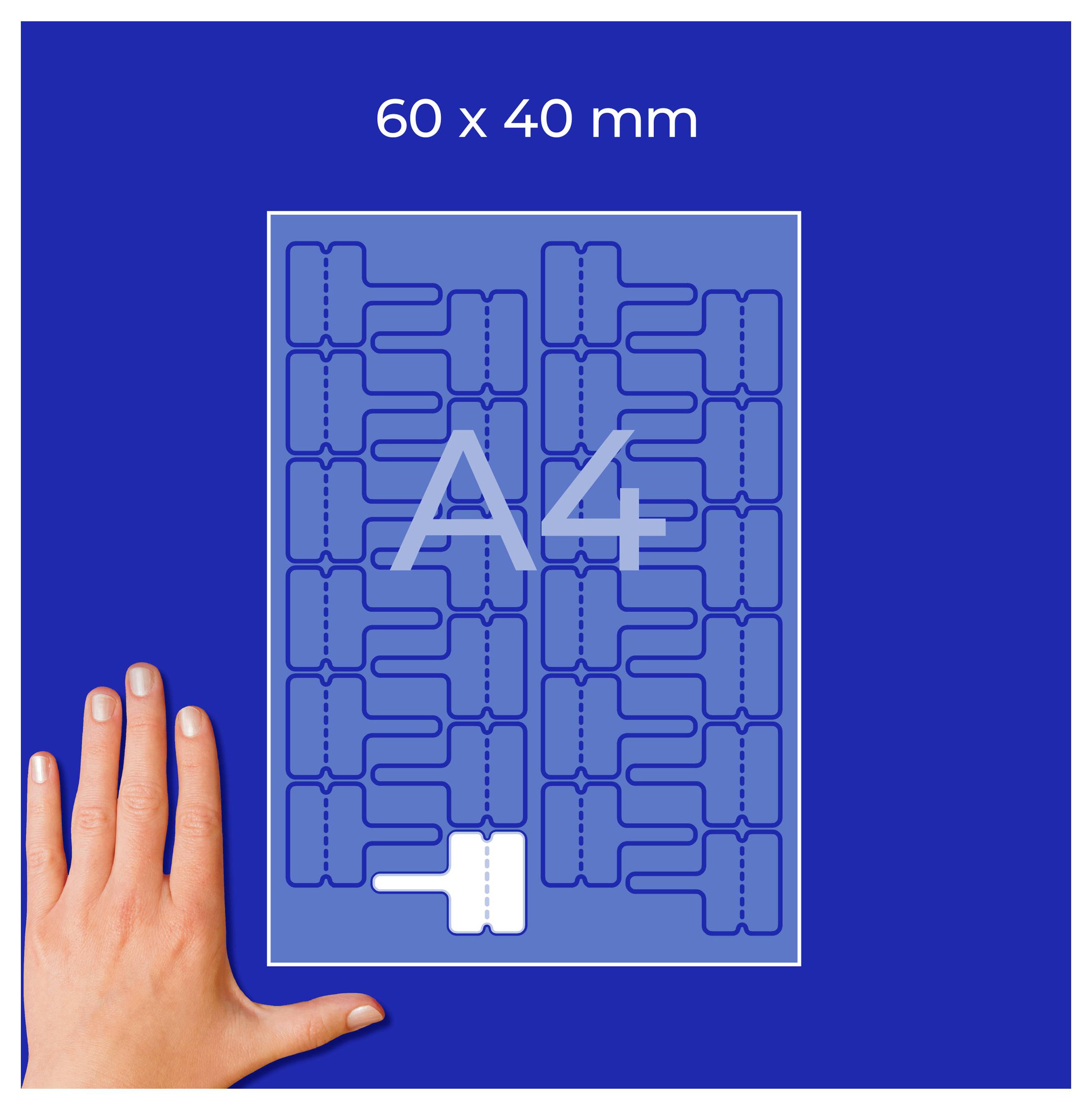 Grafische Vorlage für A4-Aufkleber mit Maßangabe '60 x 40 mm', blauem Rastermuster und Hand zum Größenvergleich.