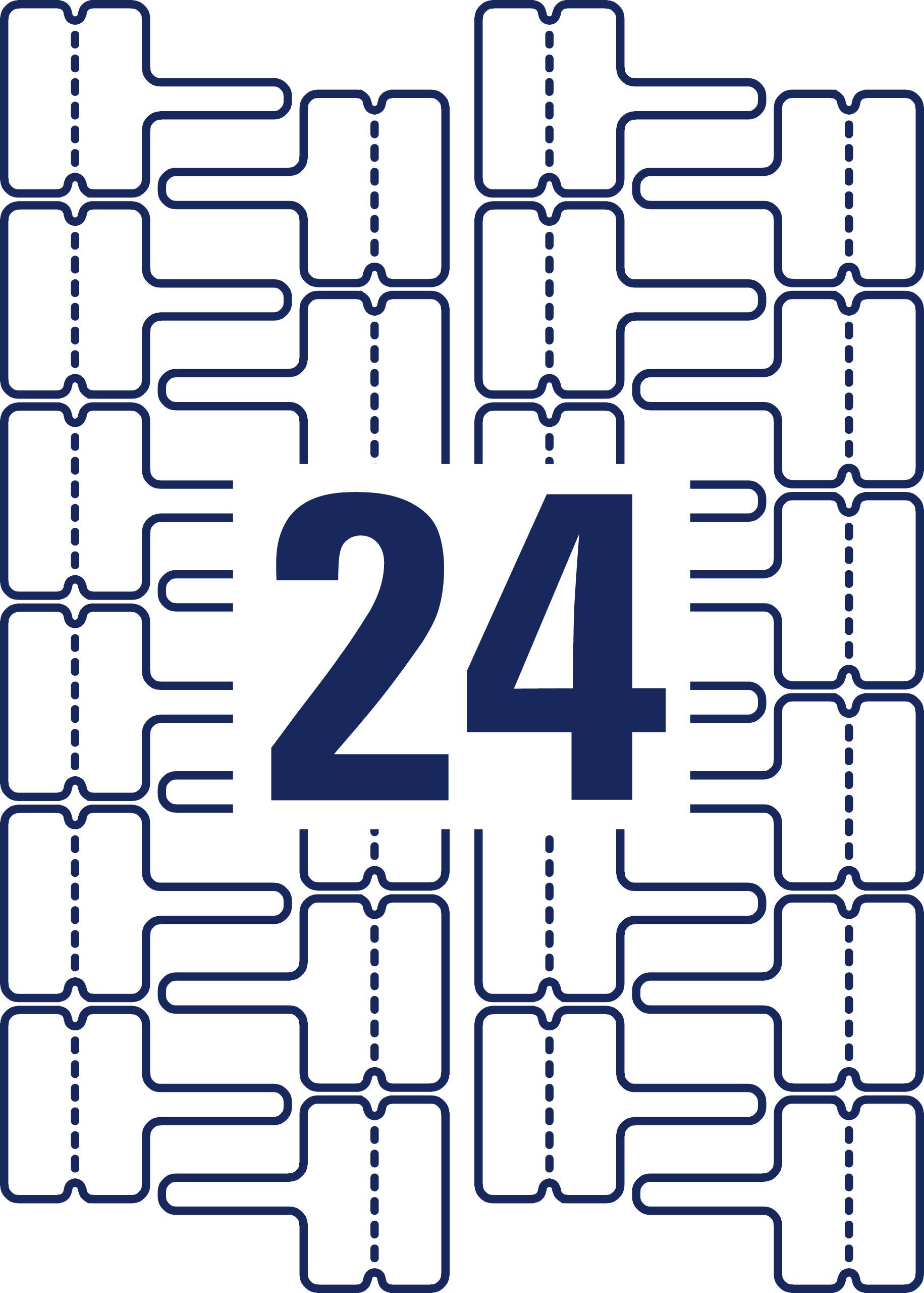 Die Zahl '24' steht im Zentrum eines Musters aus blauen Linien, die wie Klammern geformt sind und wiederholend angeordnet sind.