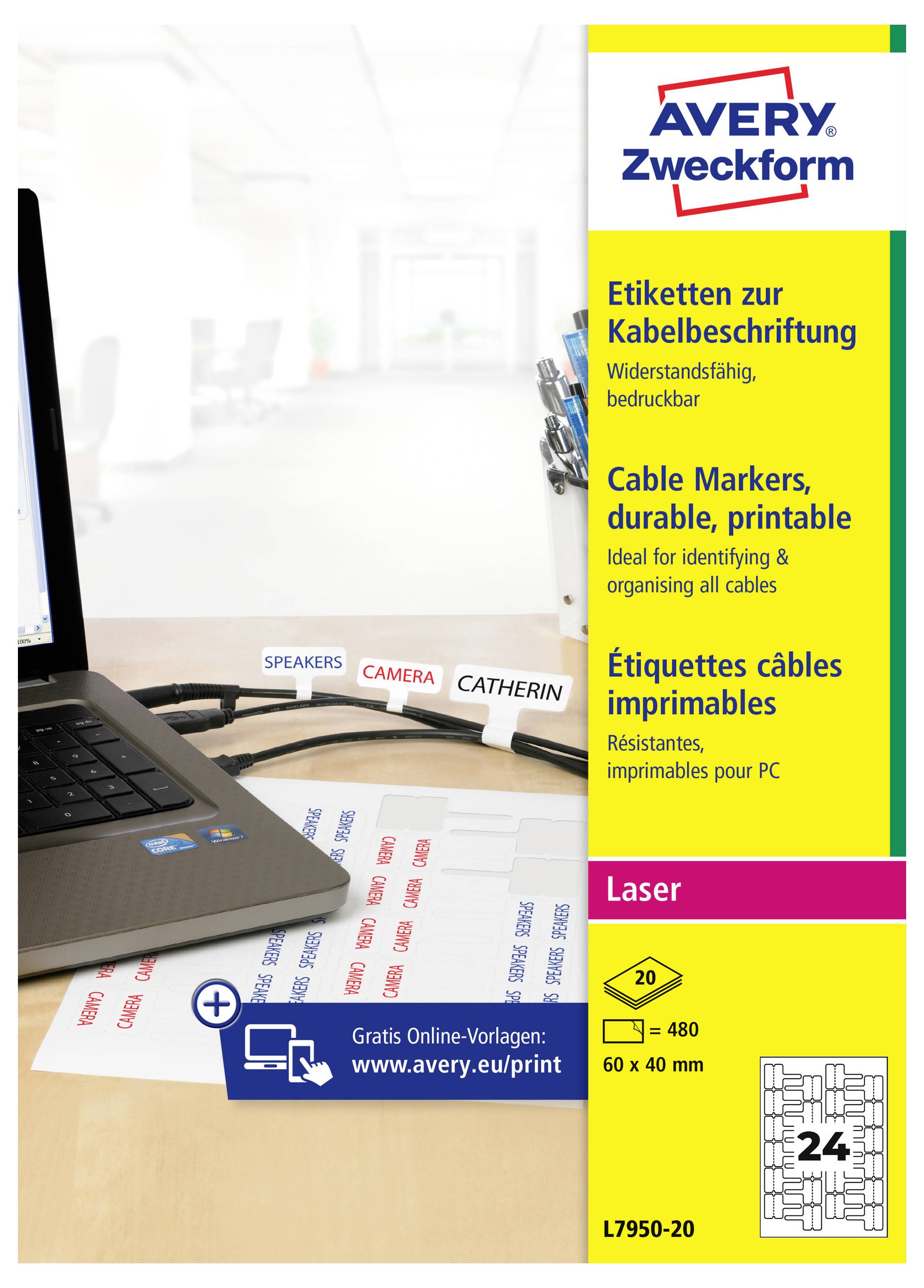 Avery Zweckform Kabeletikett-Etikett Paket für Laserdrucker, mit langlebigen bedruckbaren Etiketten zur Kennzeichnung und Organisation von Kabeln, 60 x 40 mm, 24 Etiketten.
