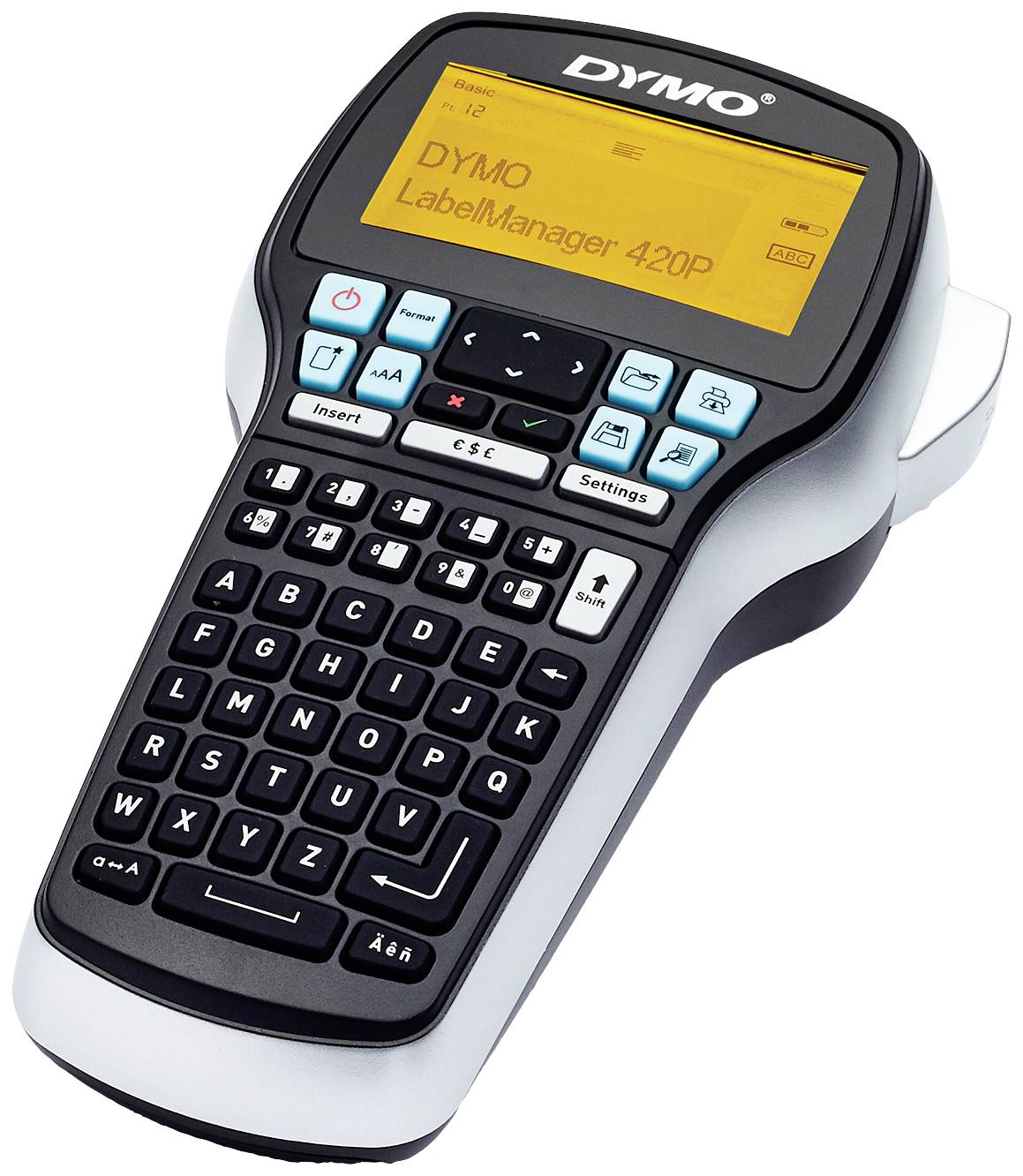 Hand-Etikettiergerät mit QWERTZ-Tastatur und Bildschirm, auf dem 'DYMO LabelManager 420P' angezeigt wird.