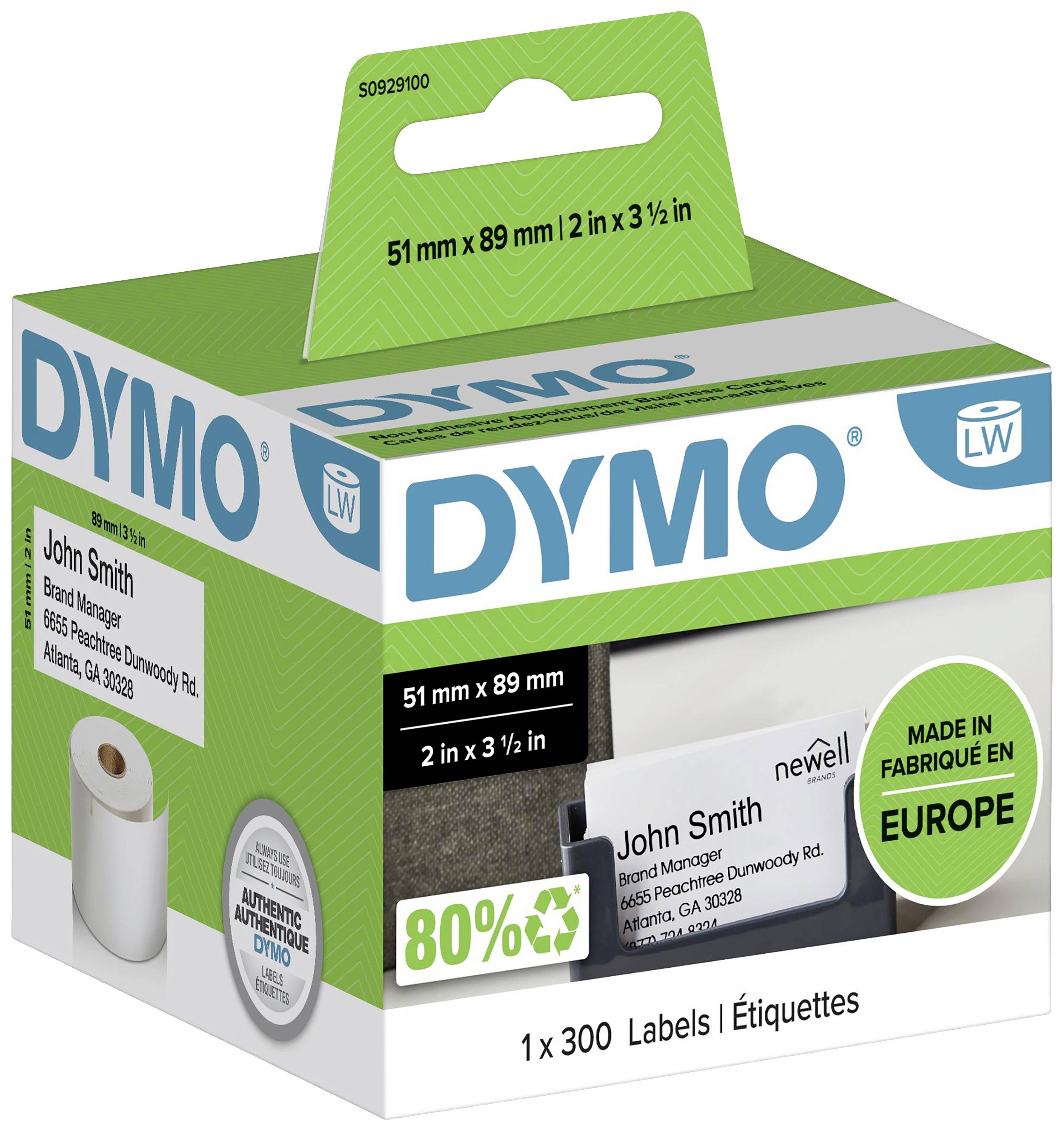 'DYMO'-Etikettenbox. Enthält 300 Etiketten, Maße 51 mm x 89 mm. Produkt ist zu 80 % aus recyceltem Material und in Europa hergestellt.