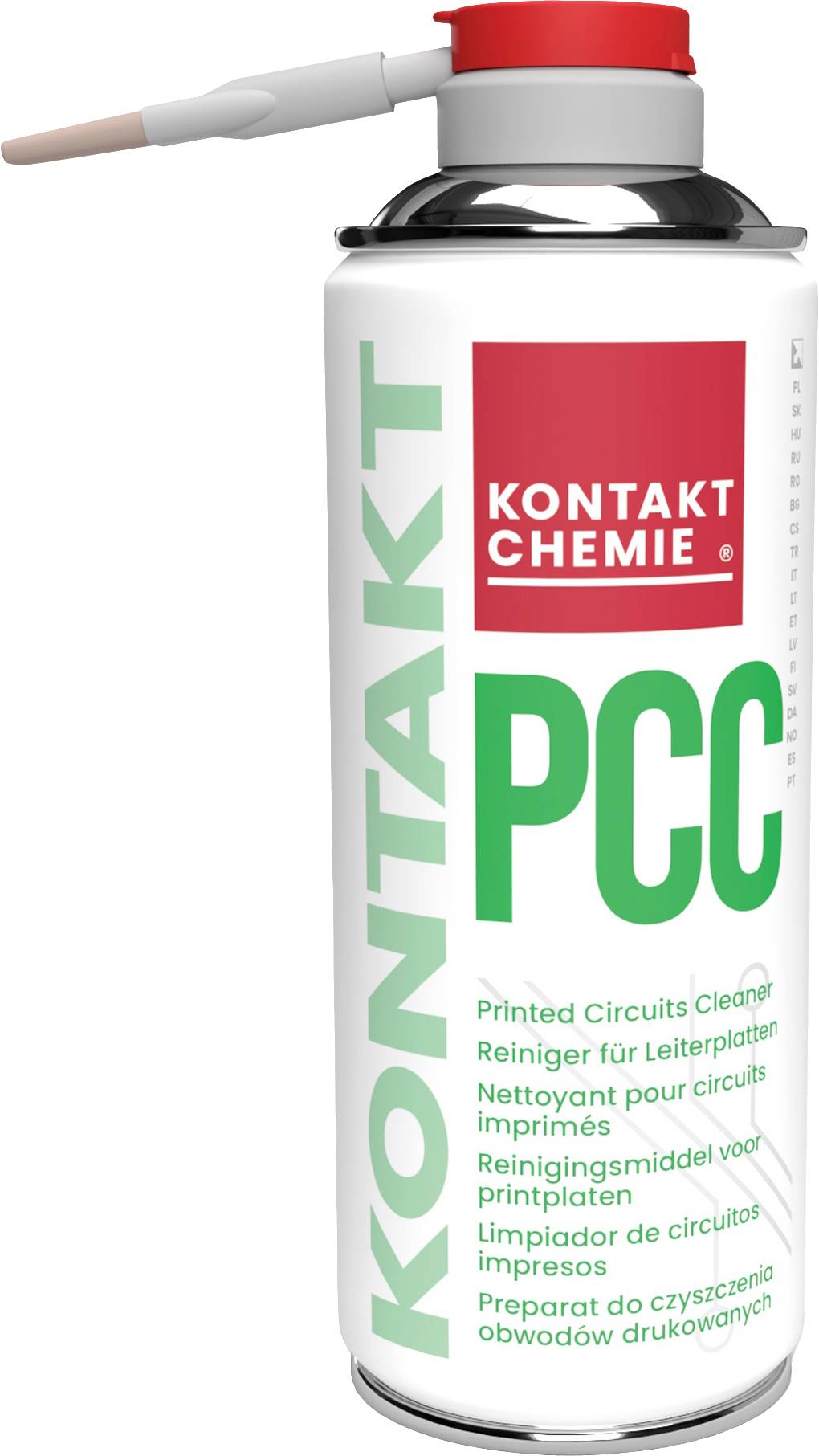 Sprühdose mit der Aufschrift 'KONTAKT PCC', ein Reiniger für Leiterplatten.