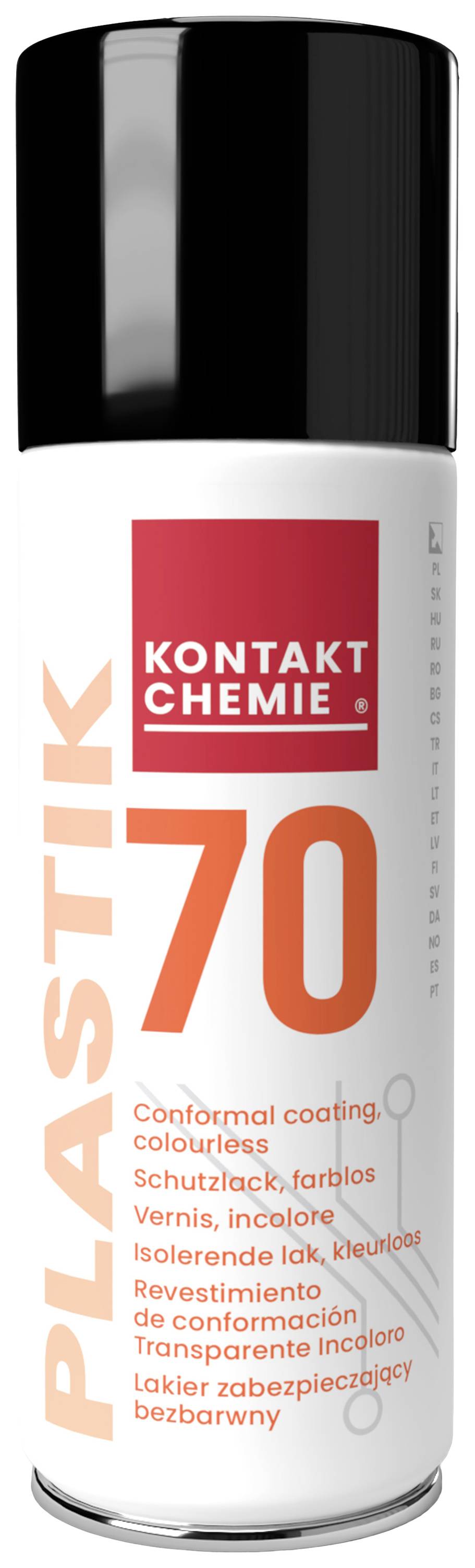 Sprühdose mit Aufschrift 'Plastik 70, Kontakt Chemie'. Enthält farblosen Schutzlack für elektrische Isolierung.