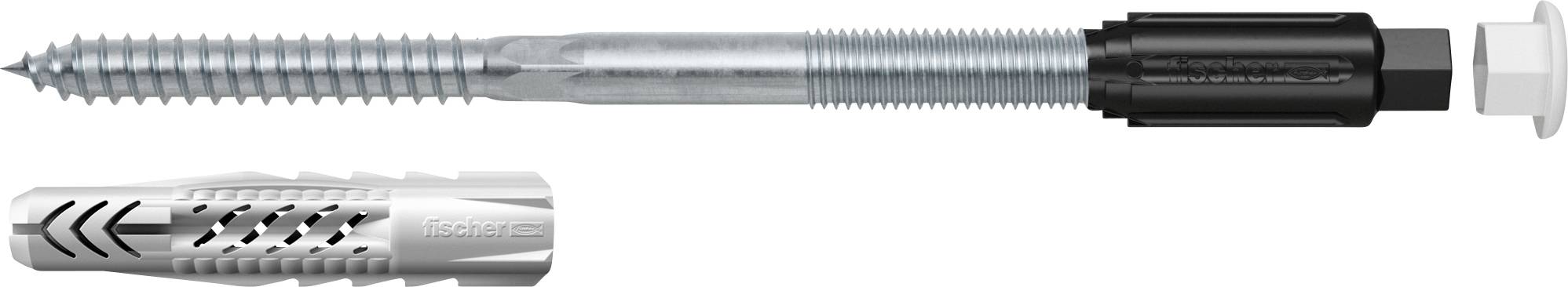 Zwei metallische Wanddübel/Schrauben in Nahaufnahme, eine lange mit schwarzer Kunststoffkappe und ein kürzerer silberfarbener Dübel darunter.