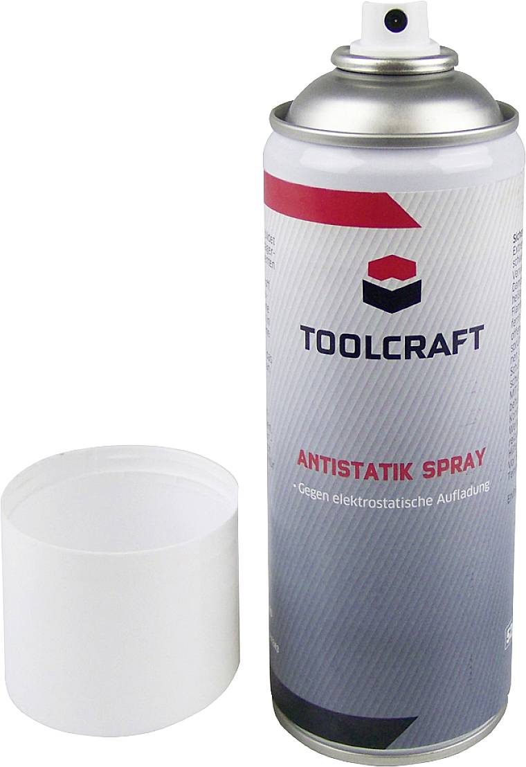 'Antistatik-Spray von Toolcraft' in einer offenen Sprühdose neben einer weißen Kunststoffkappe. Verhindert elektrostatische Aufladung.
