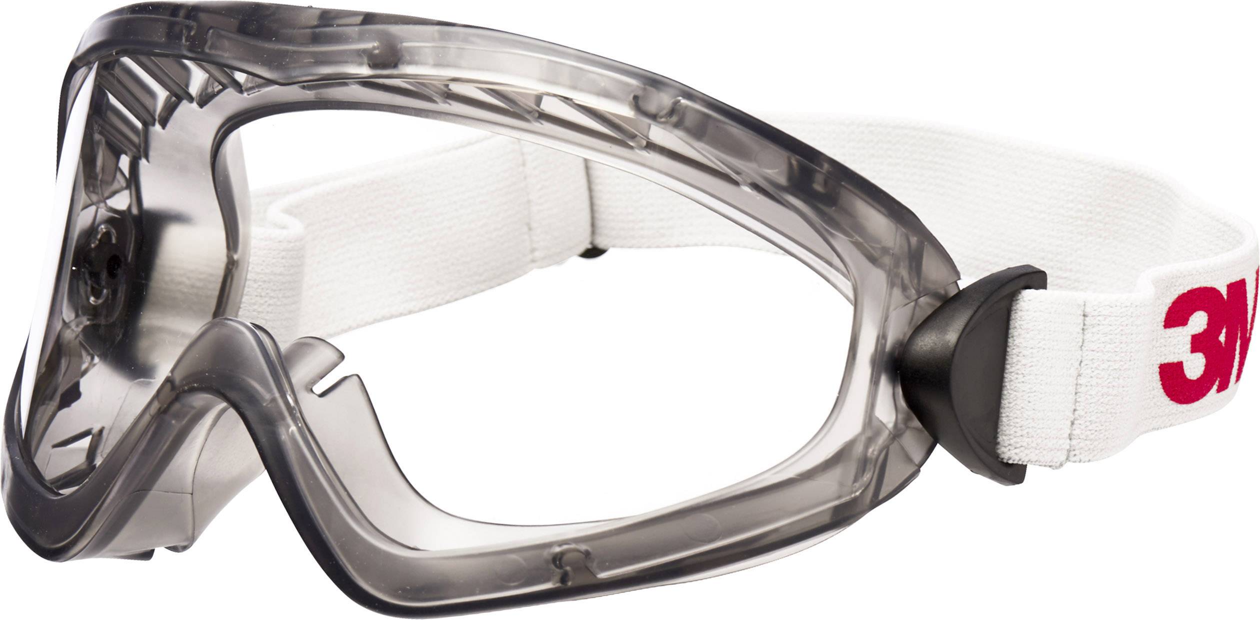 Schutzbrille mit weißem Band und klaren Linsen, geeignet für den Einsatz in gefährlichen Umgebungen, bietet Schutz für Augen.