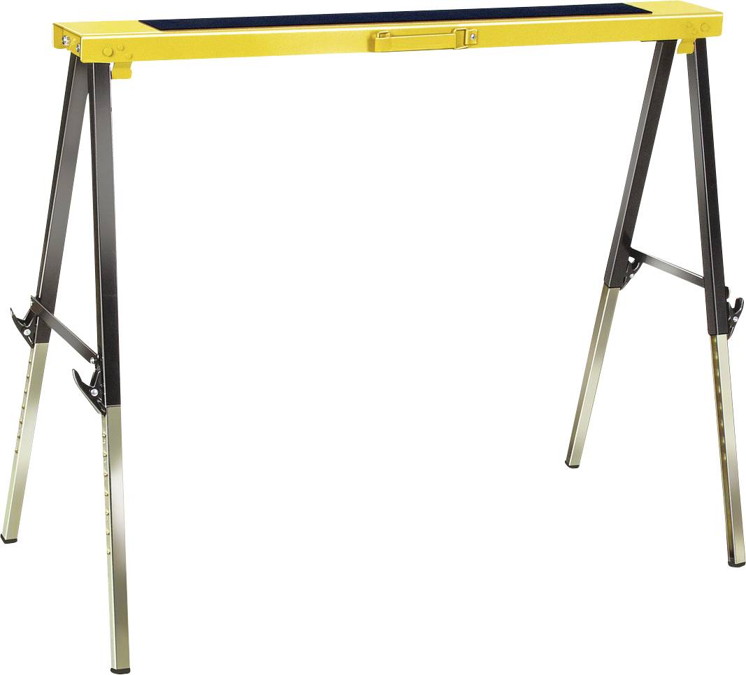Ein gelb-schwarzer zusammenklappbarer Werkbankständer mit verstellbaren Metallbeinen auf weißem Hintergrund.
