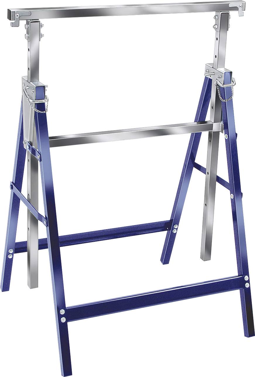 Blau-silberner verstellbarer Arbeitstisch mit zwei klappbaren Sägebockstützen und einer oberen Querstange, dargestellt auf weißem Hintergrund.