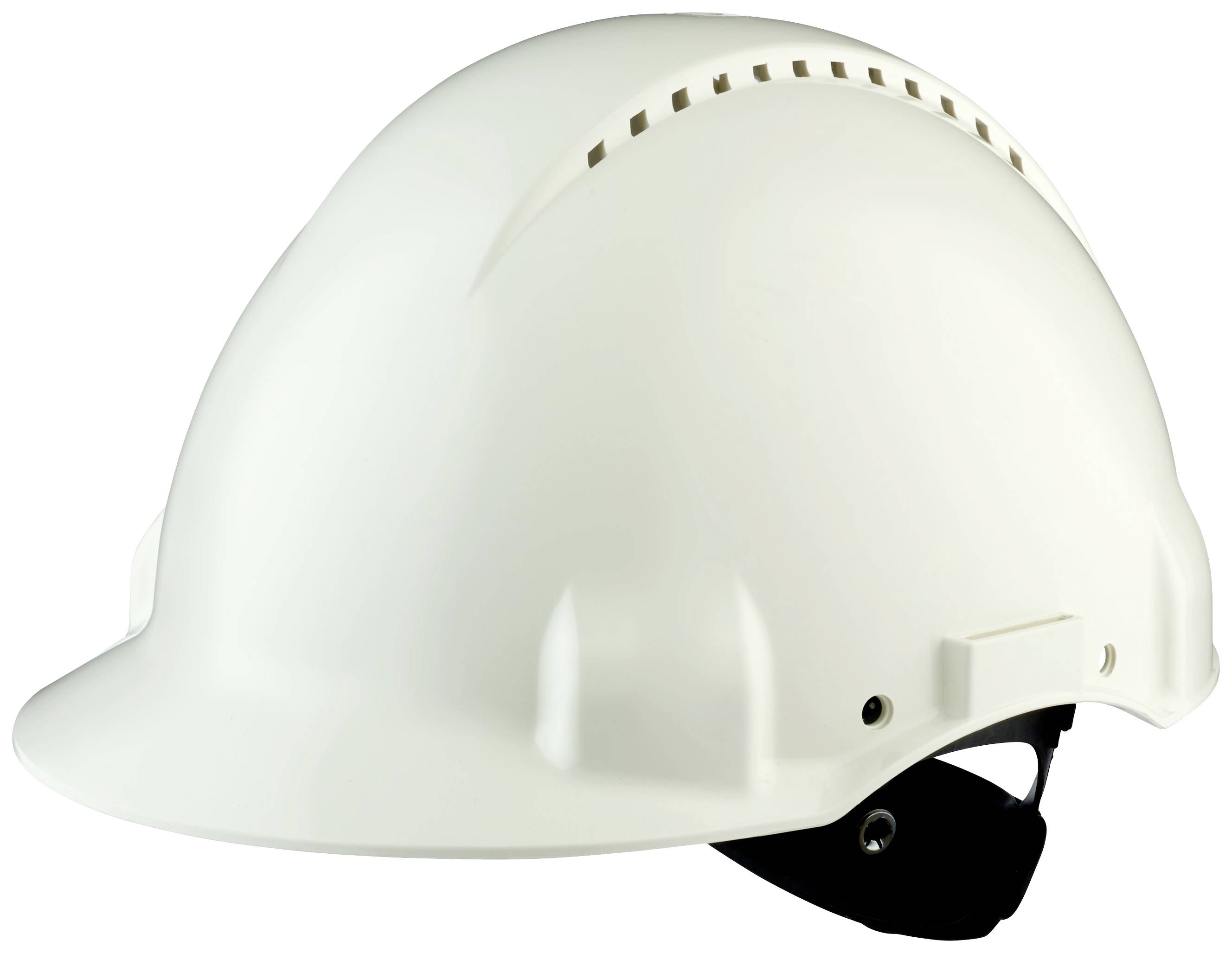 Ein weißer Schutzhelm aus Kunststoff mit Belüftungsschlitzen, seitlich abgebildet.