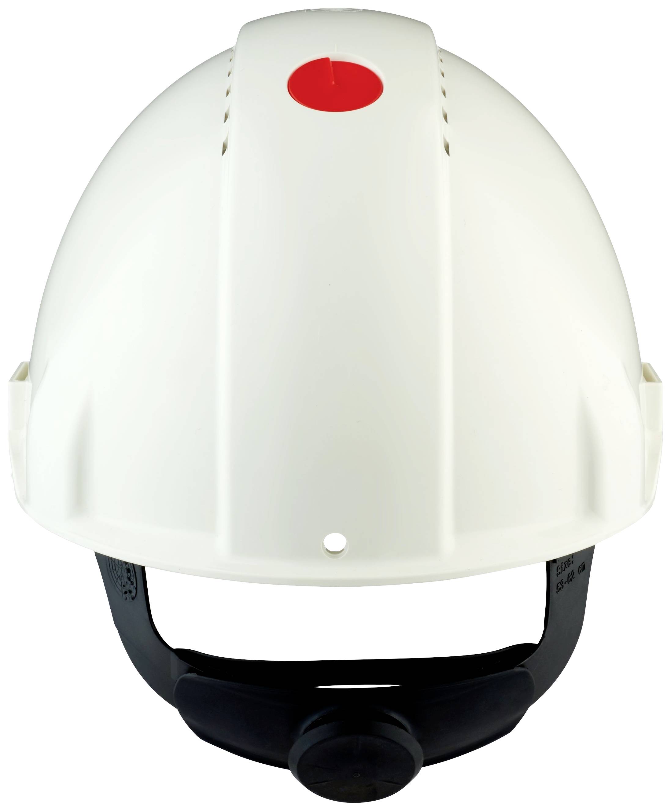 Ein weißer Schutzhelm mit rotem Punkt oben.