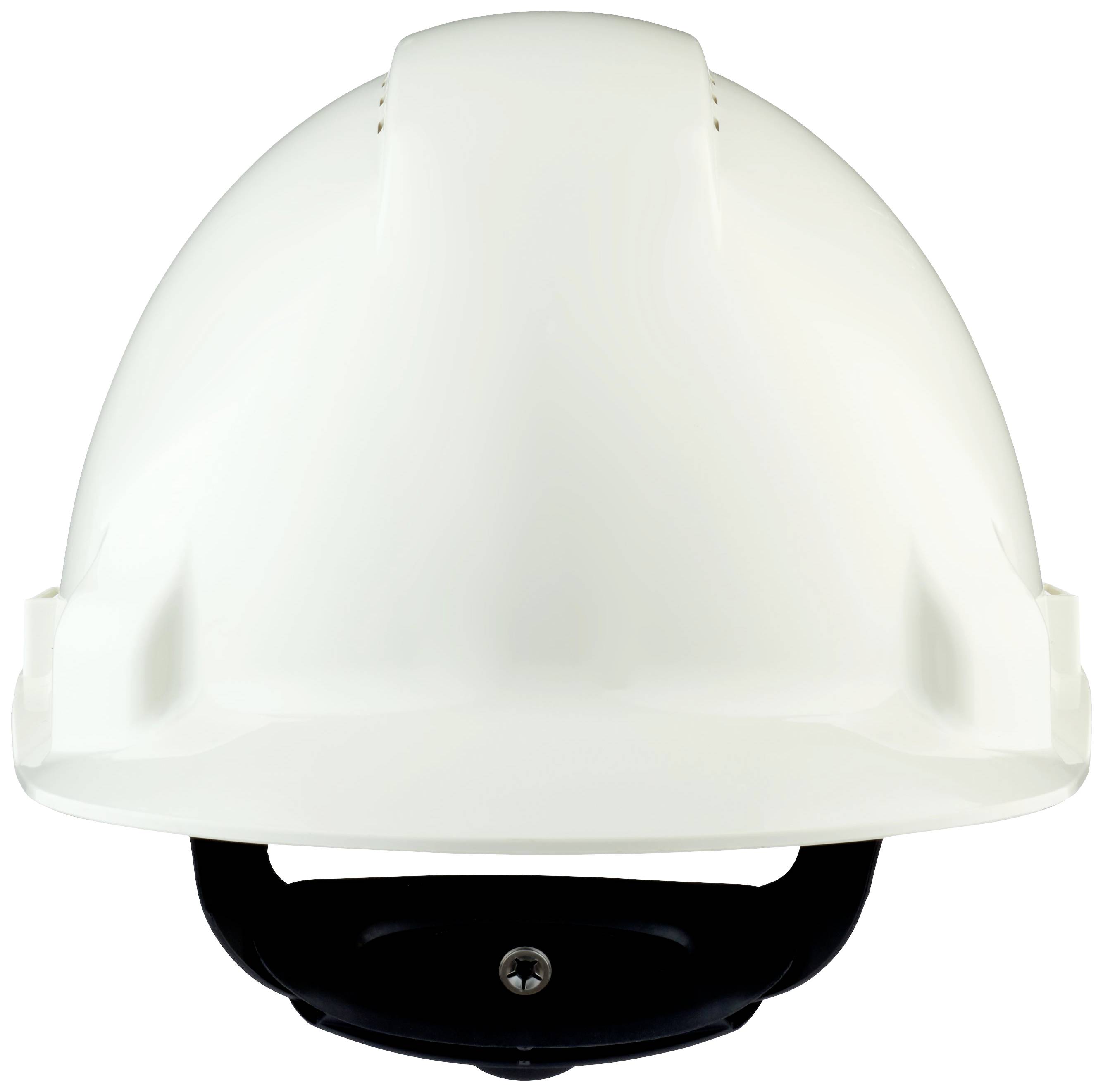 Ein weißer Schutzhelm, frontal fotografiert, vor weißem Hintergrund.