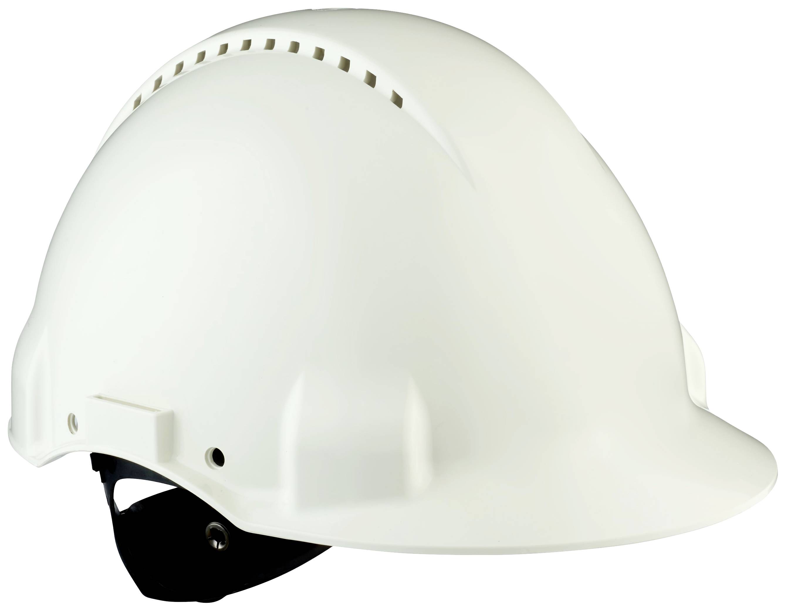 Ein weißer Schutzhelm aus Kunststoff, für persönliche Sicherheitszwecke bei Arbeitsaktivitäten, seitliche Ansicht.