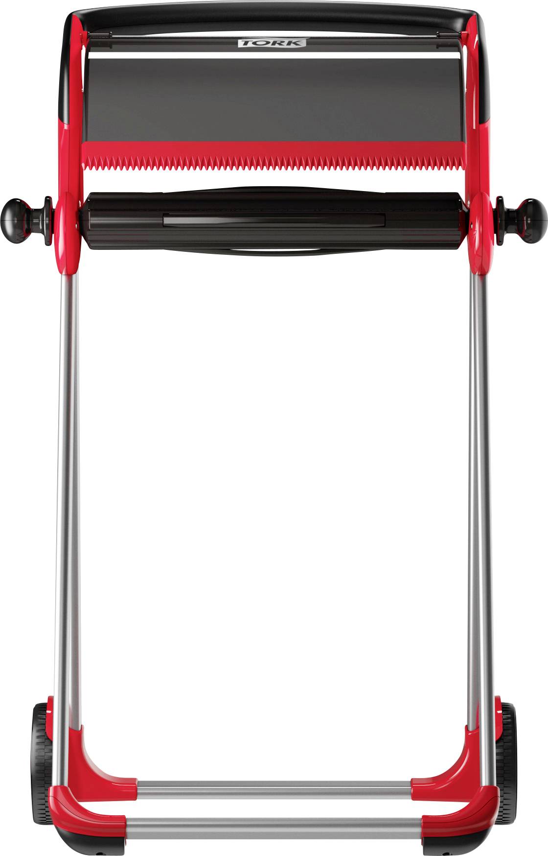 Frontansicht eines rot-schwarzen Klapp-Rasenmähers mit Schubantrieb auf weißem Hintergrund.