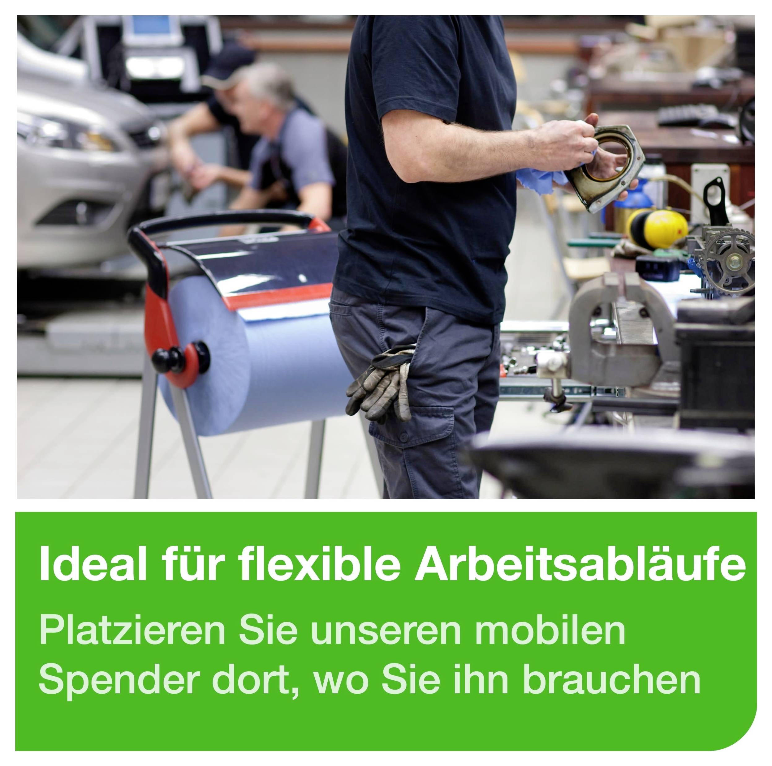 Werkstattmitarbeiter nutzt einen mobilen Klebebandspender; Werbetext: 'Ideal für flexible Arbeitsabläufe' und 'Platzieren Sie unseren mobilen Spender dort, wo Sie ihn brauchen'