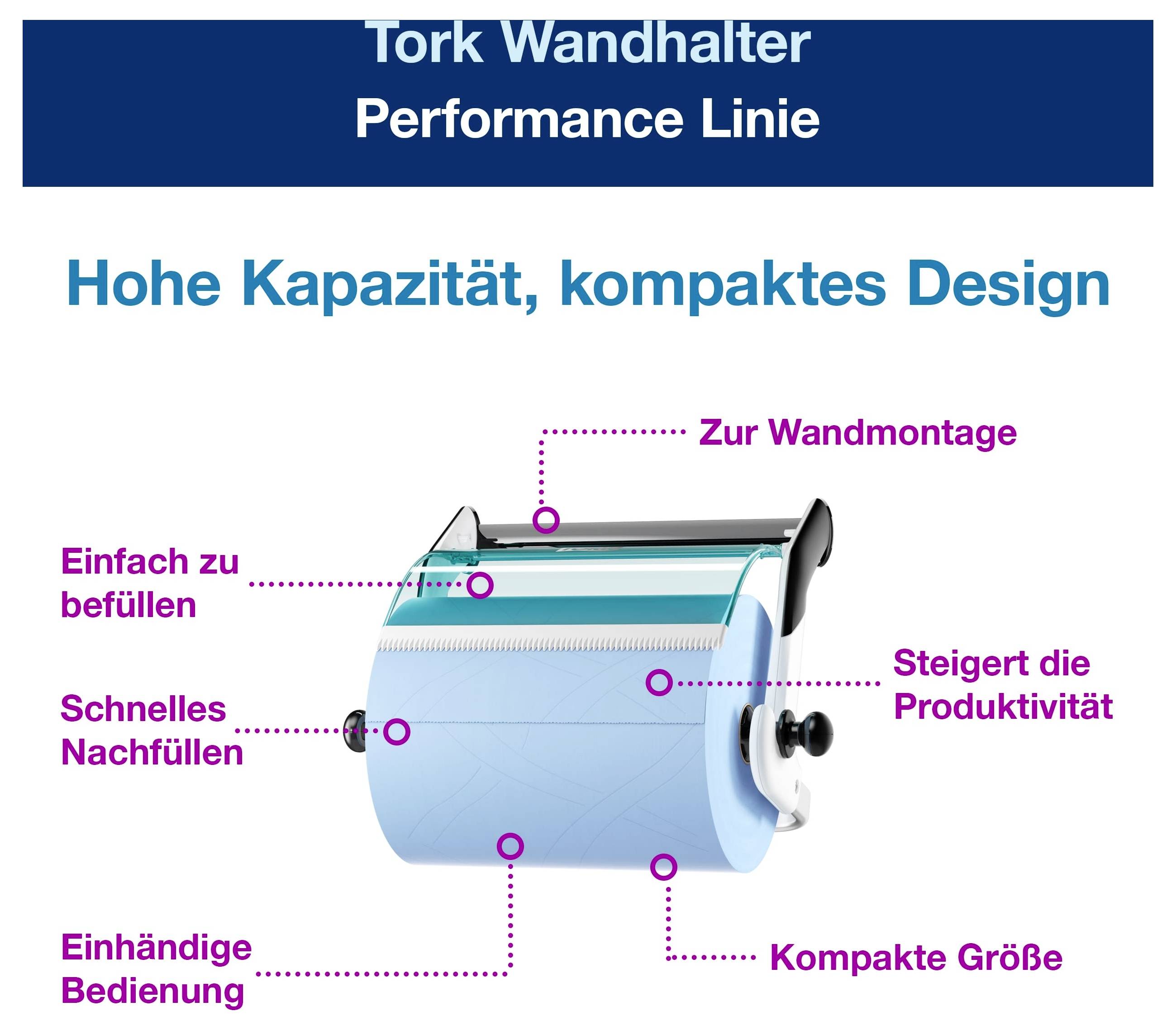 Werbegrafik eines Tork Wandhalters: 'Hohe Kapazität, kompaktes Design' mit Hinweisen zu einfacher Befüllung, schnellem Nachfüllen, einhändiger Bedienung, Wandmontage, Produktivitätssteigerung und kompakter Größe.