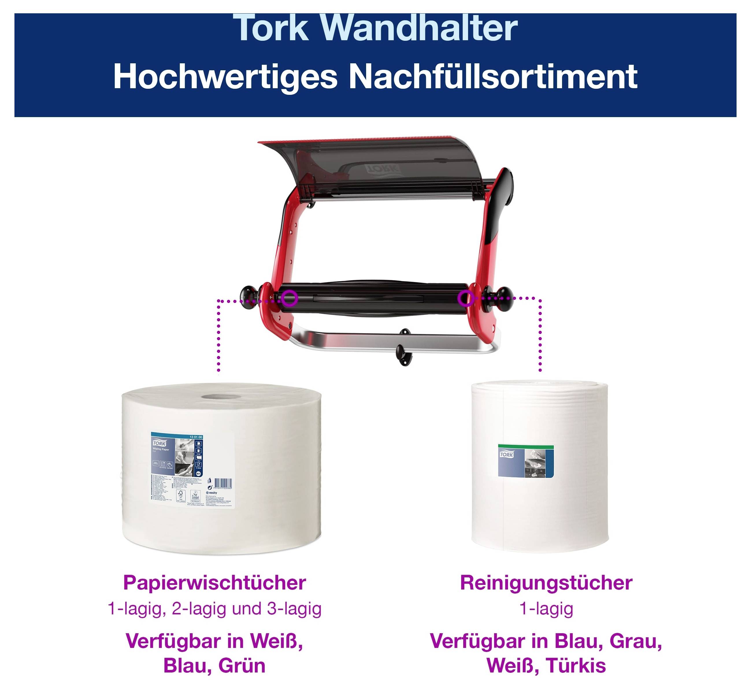Tork Wandhalter für Nachfüllsortiment mit Papierwischtüchern und Reinigungstüchern; verfügbar in verschiedenen Farben und Lagen.