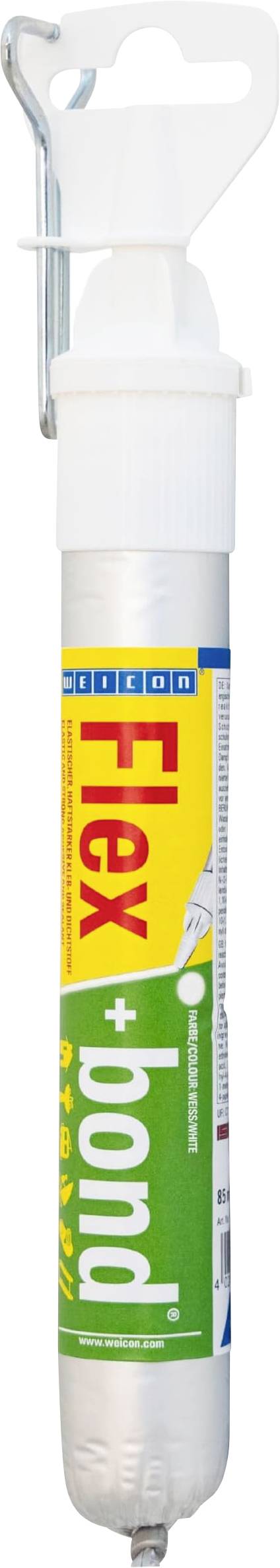 Ein weißer Tubenkleber Flex + Bond in einem weißen Kunststoff-Applikator mit Haken und Düsenkappen.