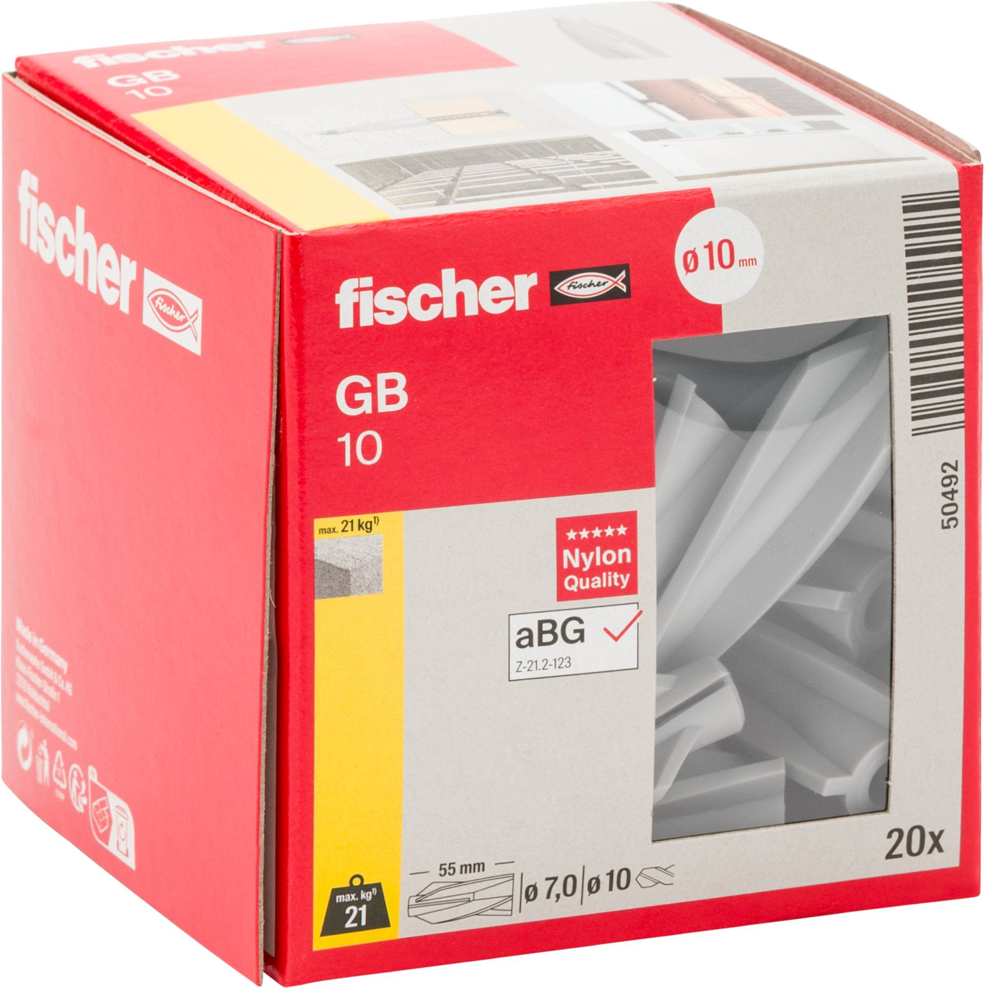 Schachtel mit Fischer GB 10 Kunststoff-Dübeln, gekennzeichnet mit 0,10 mm, 20 Stück, mit einem Produktfenster, das weiße Dübel im Inneren zeigt.