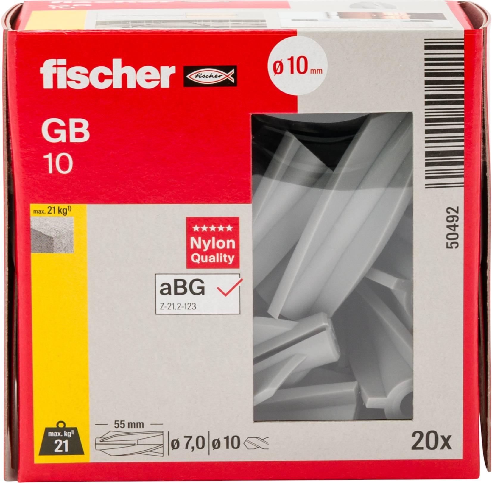 Fischer GB 10 Wanddübel-Packung, 20 Stück, für 10 mm Bohrungen, max. Belastung 21 kg.