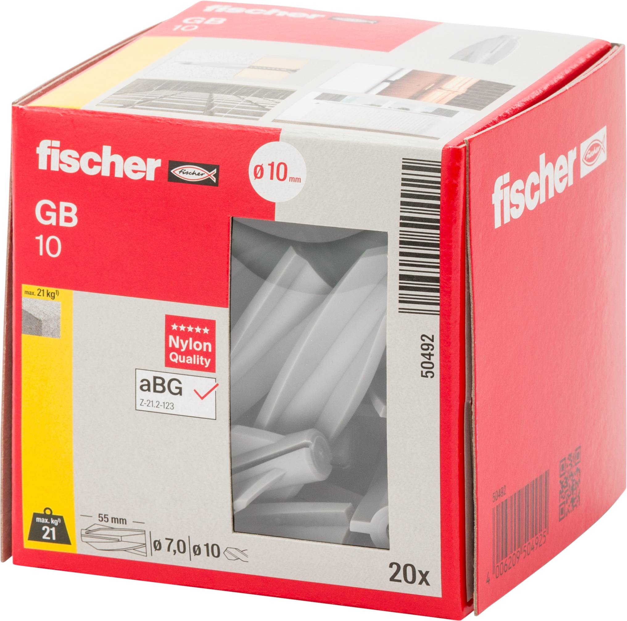 Rot-weiße Fischer GB 10 Packung mit Kunststoff-Dübeln, zeigt 20 Stück und Größe 10 mm.