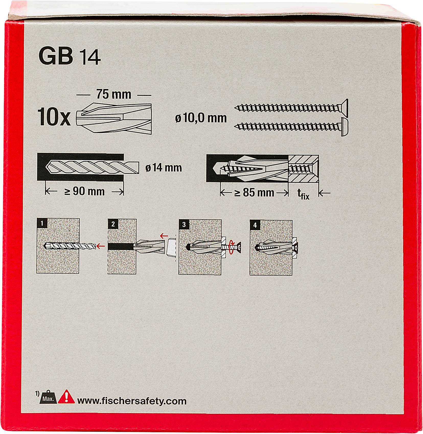 Fischer GB 14 Ankerbox mit 10 Ankern, Schraubengröße Ø10,0 mm, Bohrloch Ø14 mm und Installationstiefe/Schritt-Diagrammen.