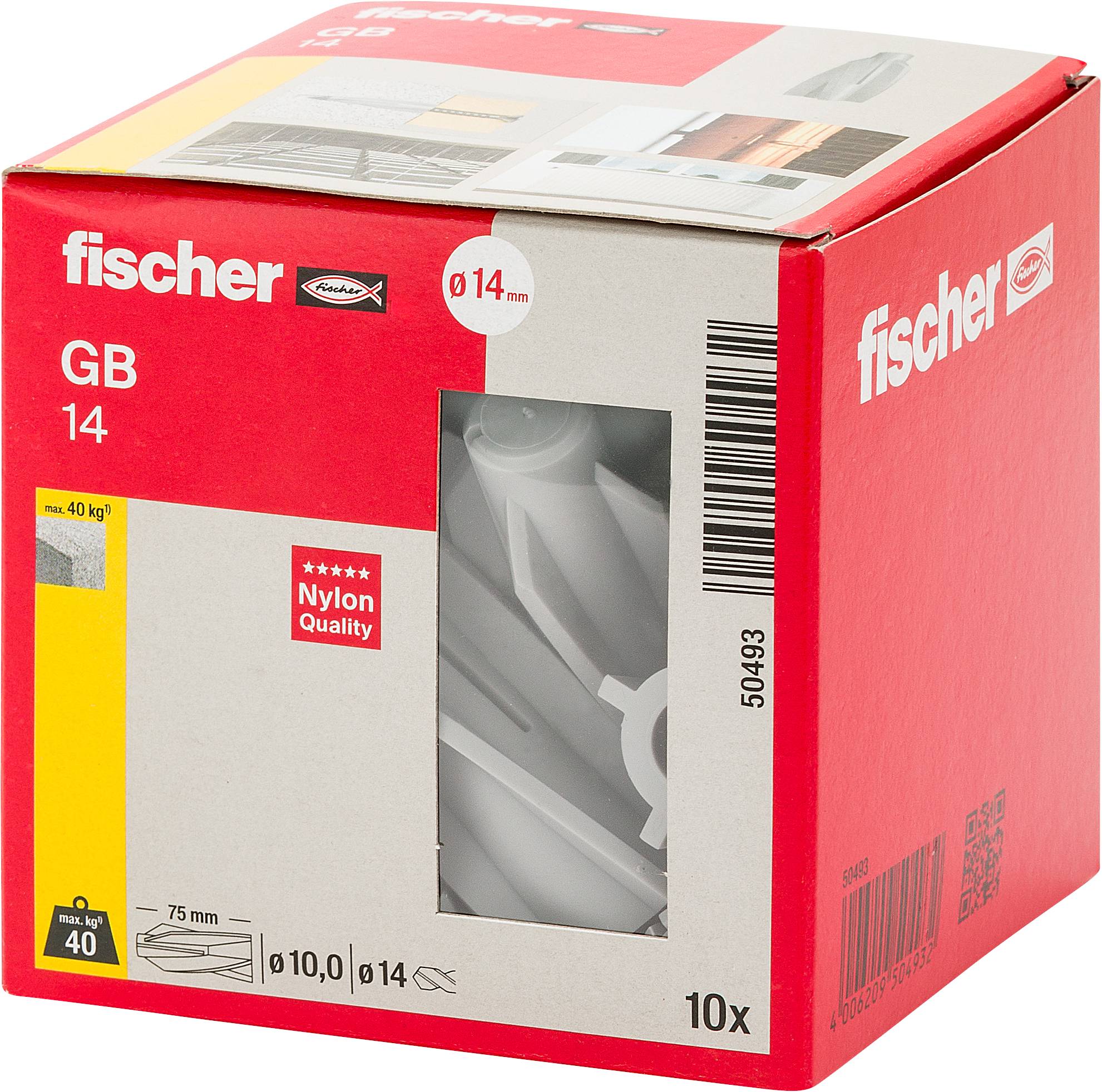 Red Fischer GB 14 Nylon-Dübel-Box mit Produktfenster, beschriftet mit 10x und 14 mm.