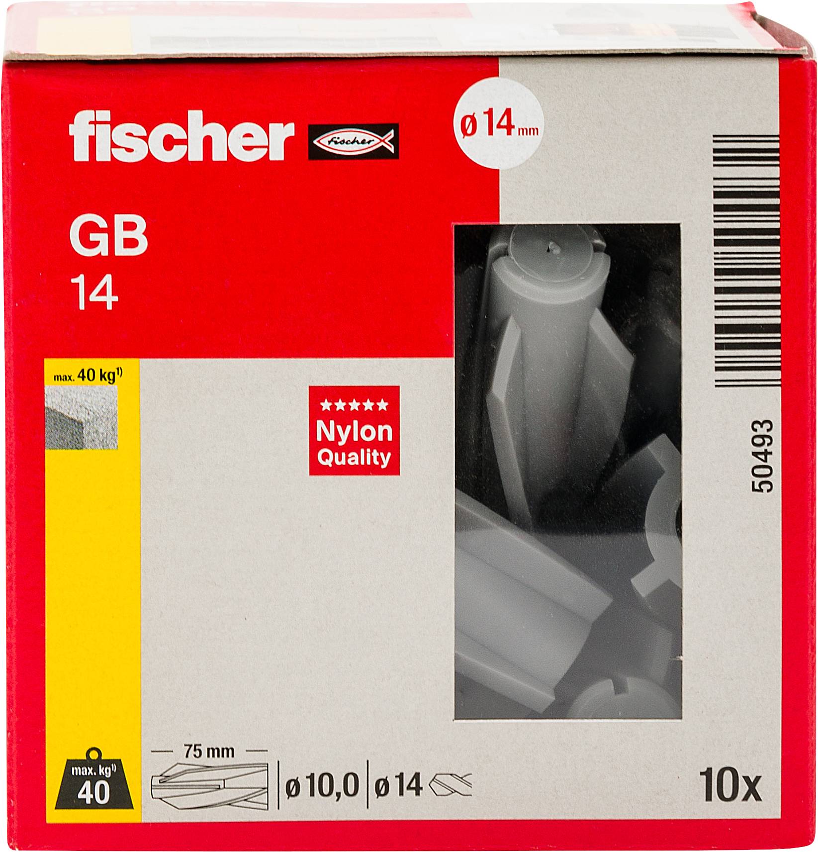Packung Fischer GB 14 Nylon-Wanddübel, gekennzeichnet für 14-mm-Löcher, maximale Belastung 40 kg, 10 Stück.
