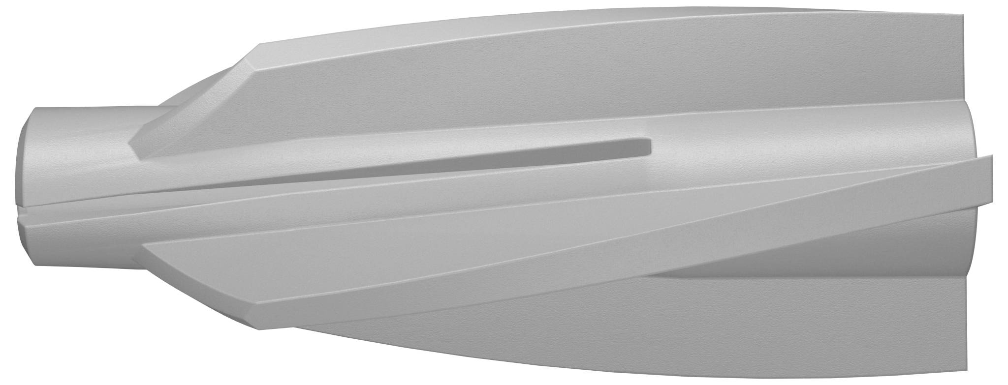 Grau 3D-gerendertes zylindrisches mechanisches Teil mit langem Diagonalschlitz und verjüngtem, flossförmigem Ende auf weißem Hintergrund.