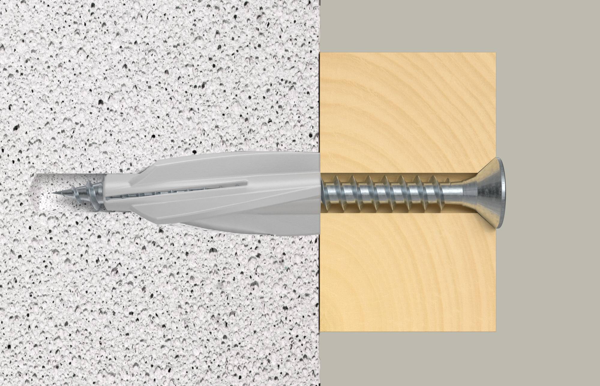 Illustration einer Wanddübel und Schraube: Der Dübel wird in Gips eingesetzt, während die Schraube in eine Holzoberfläche eindreht, wobei gezeigt wird, wie die Befestigung das Material sichert.