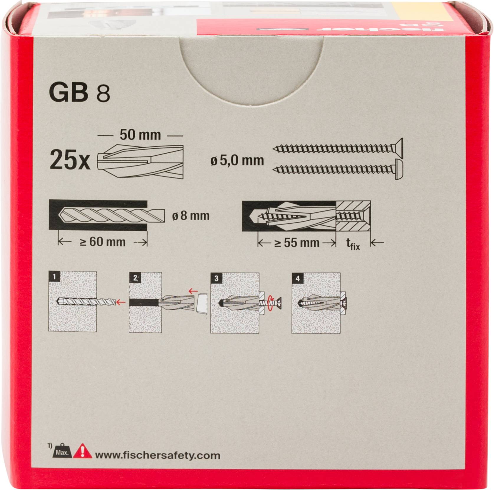 Vorderseite einer GB 8 Befestigungsmittelpackung mit Bohr- und Ankerspezifikationen, einschließlich 25er-Menge, 50 mm Länge, 5,0 mm Schraube und Installationsschritten.