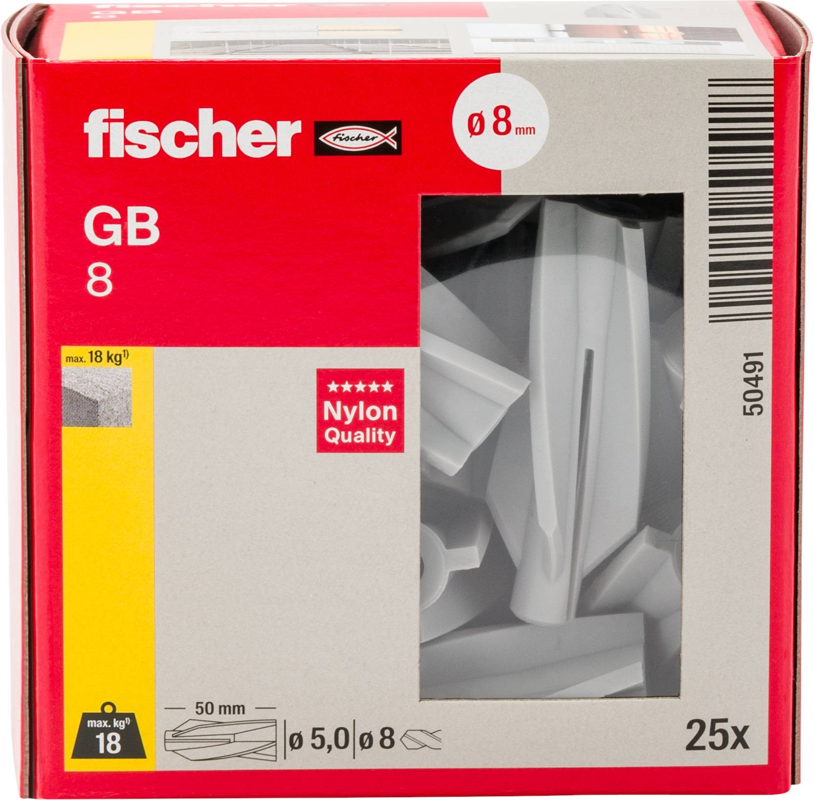 Schachtel Fischer GB 8 Nylon-Dübel, ø 8 mm, 25 Stück, mit Produktfenster und Tragfähigkeitskennzeichnung.