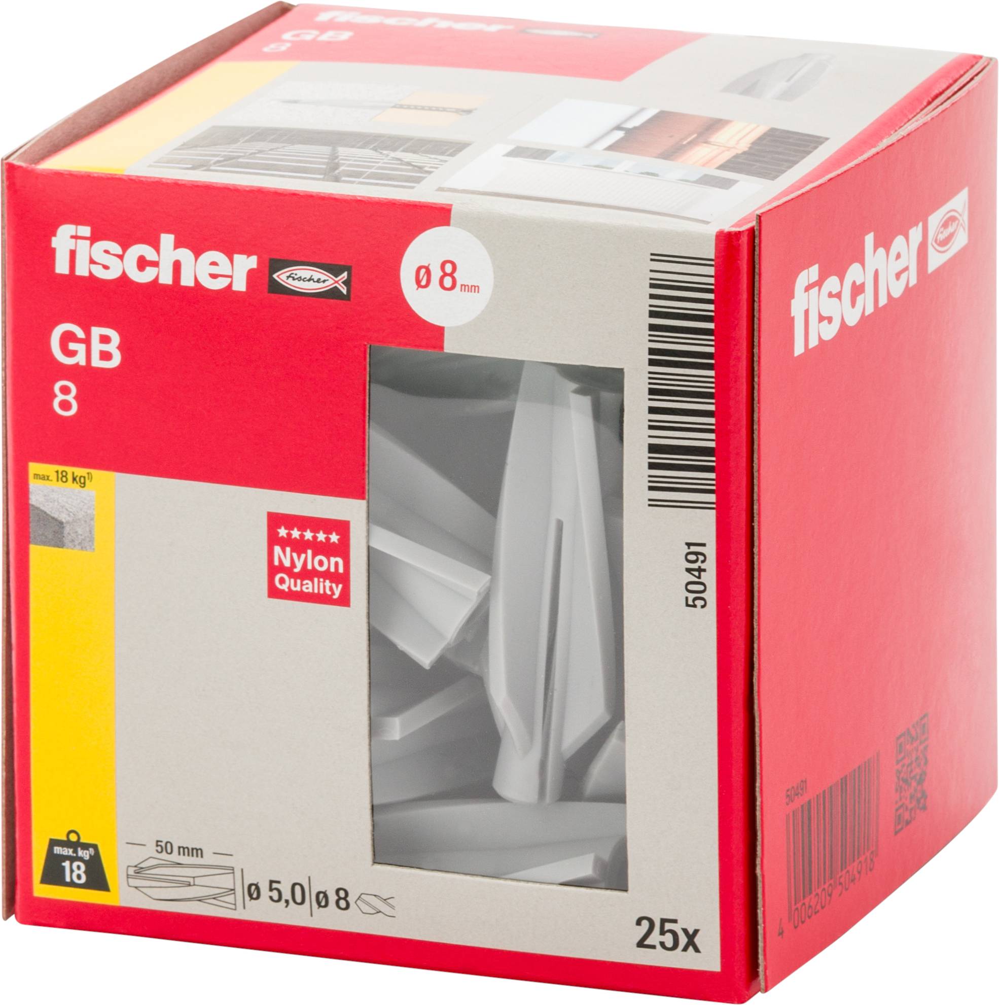 Fischer GB 8 Wandsteckerpakete mit Fenster, das weiße Kunststoffanker zeigt; Etikett kennzeichnet 25 Stück und 8 mm Größe.