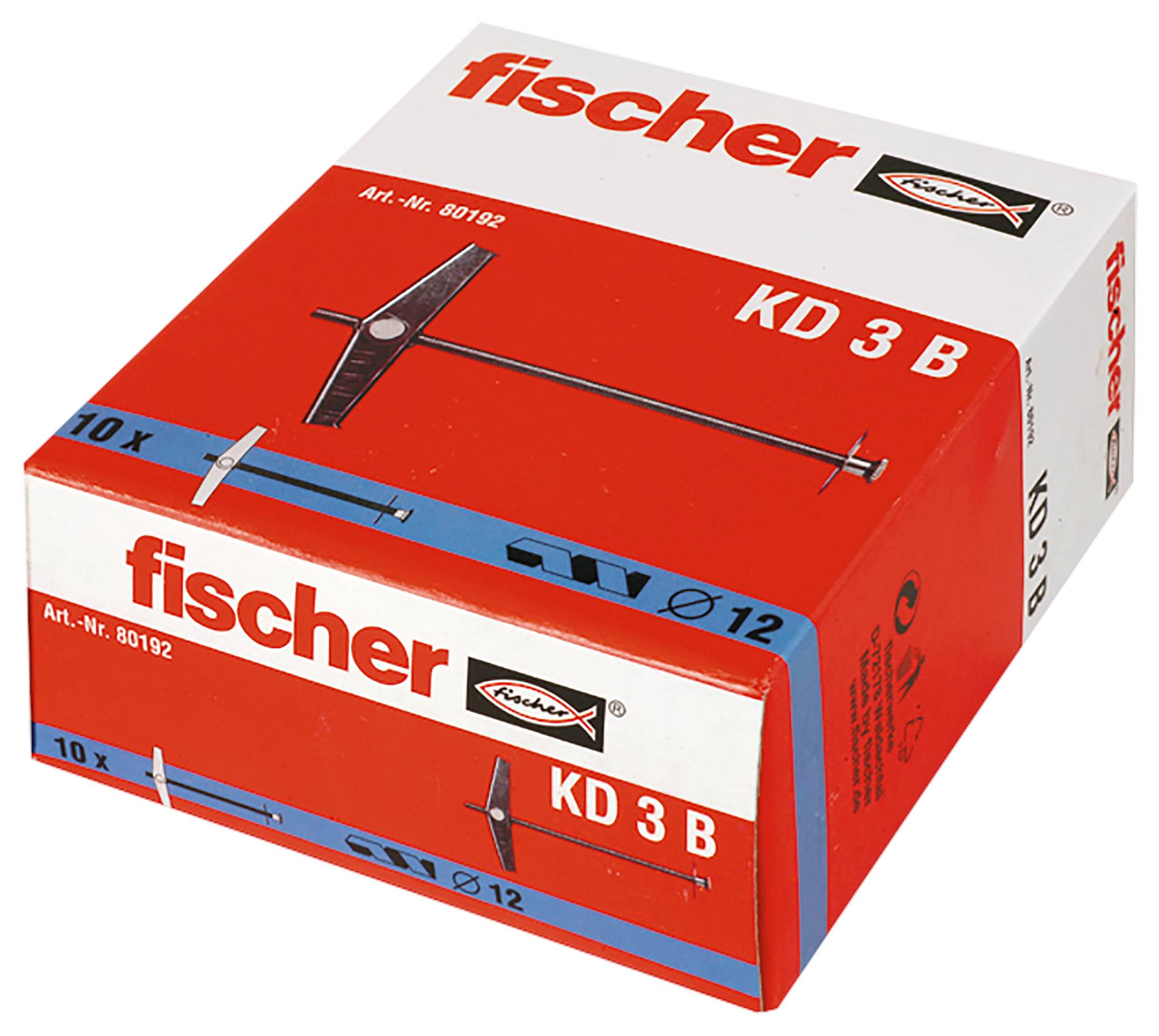 Karton mit Fischer KD 3 B Dübeln, rot-weiße Verpackung mit Produktabbildung und „fischer