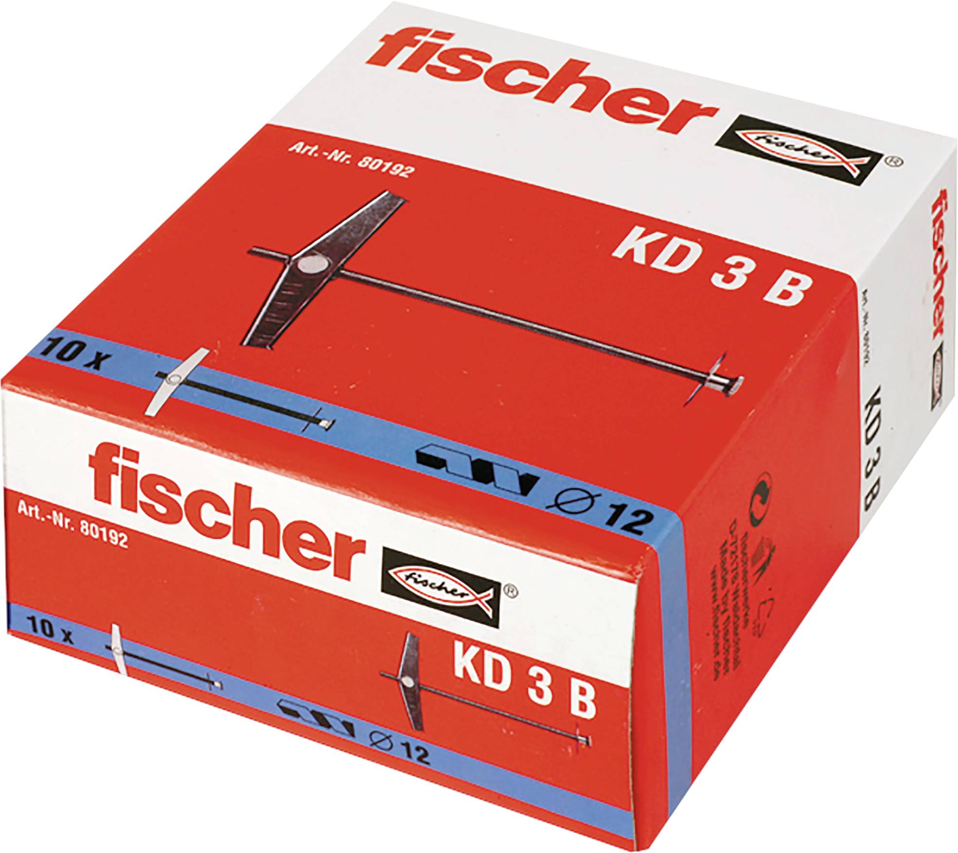 Karton mit Fischer KD 3 B Dübeln, rot-weiße Verpackung mit Produktabbildung und „fischer